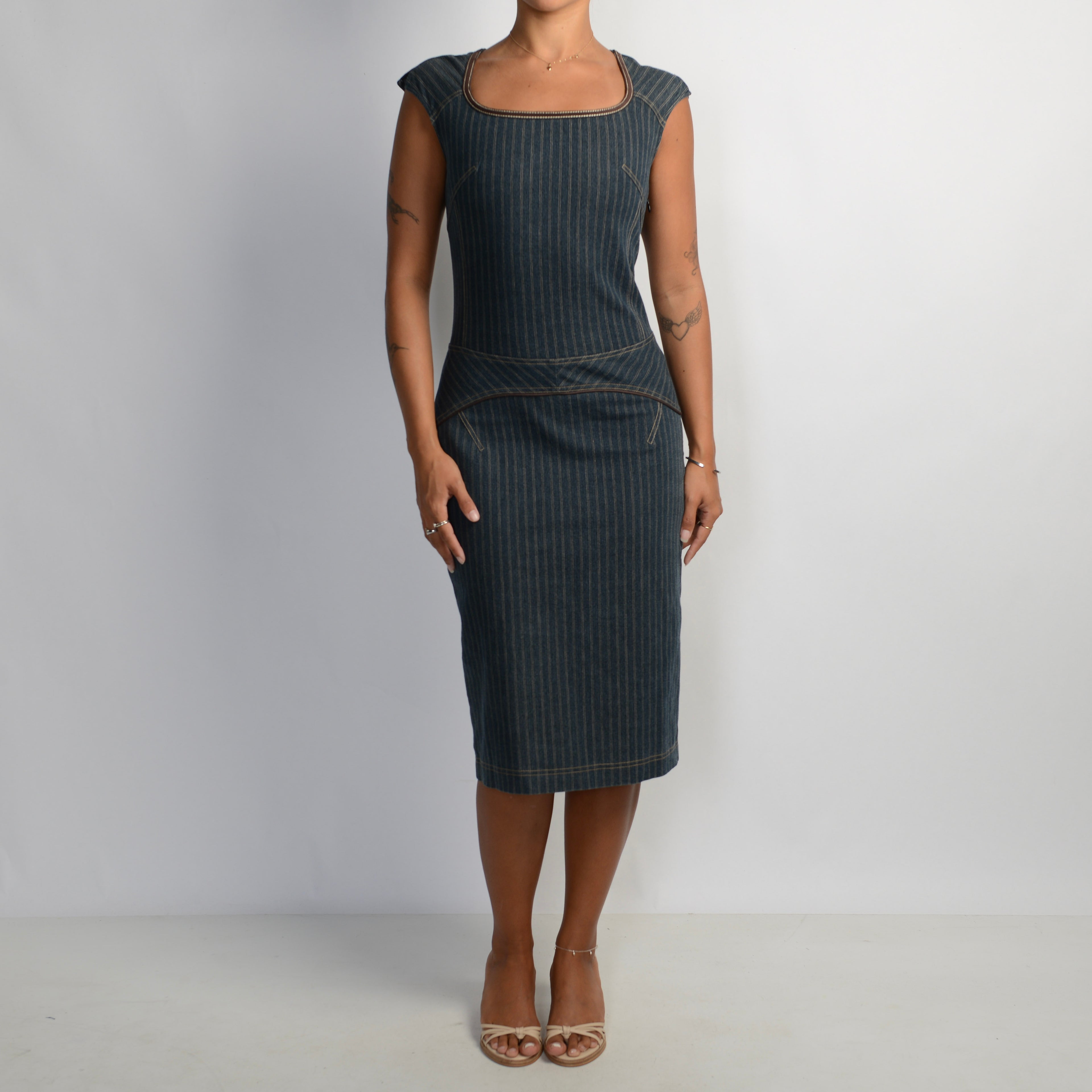 DENIM STRIPE MIDI DRESS