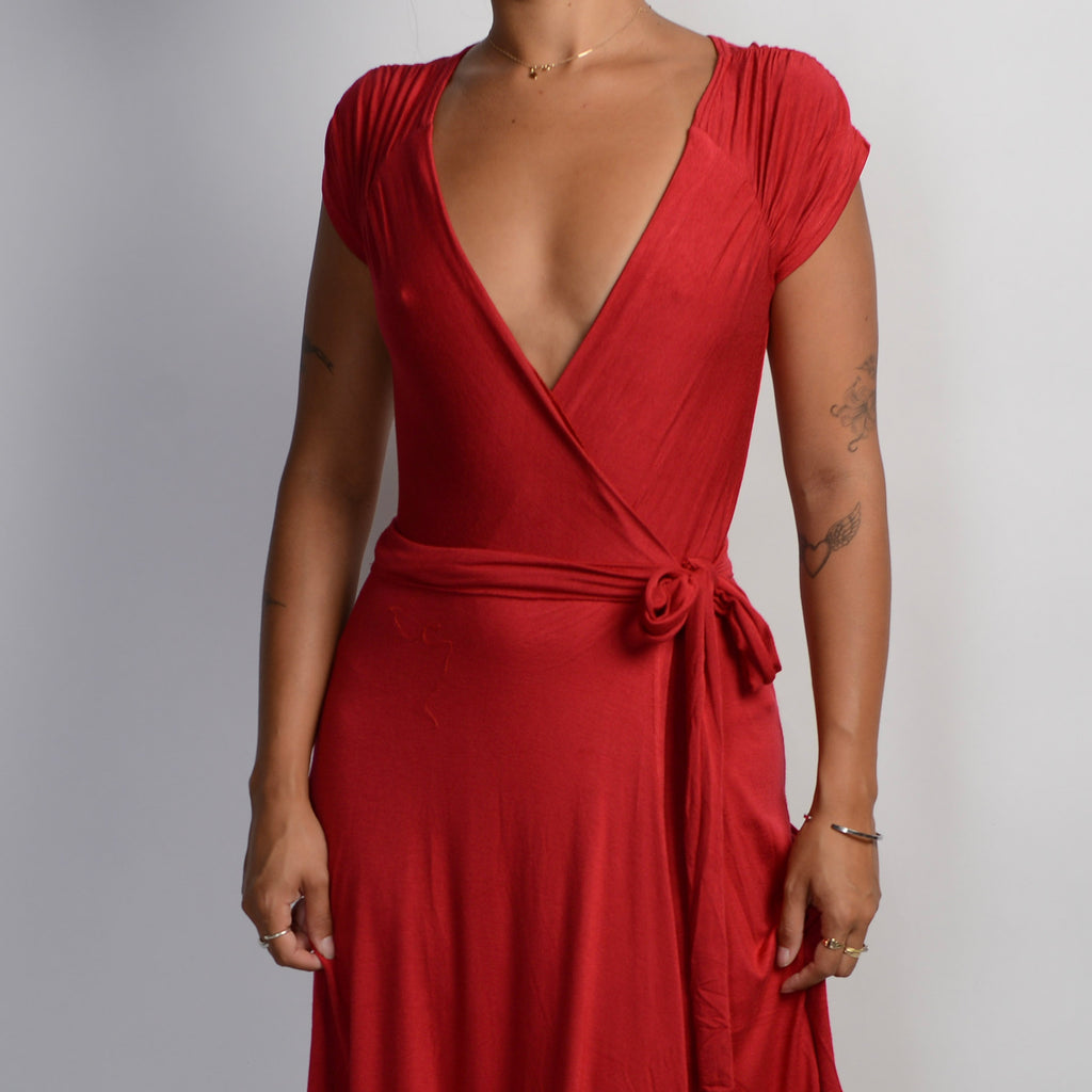 RED FAUX WRAP MIDI DRESS