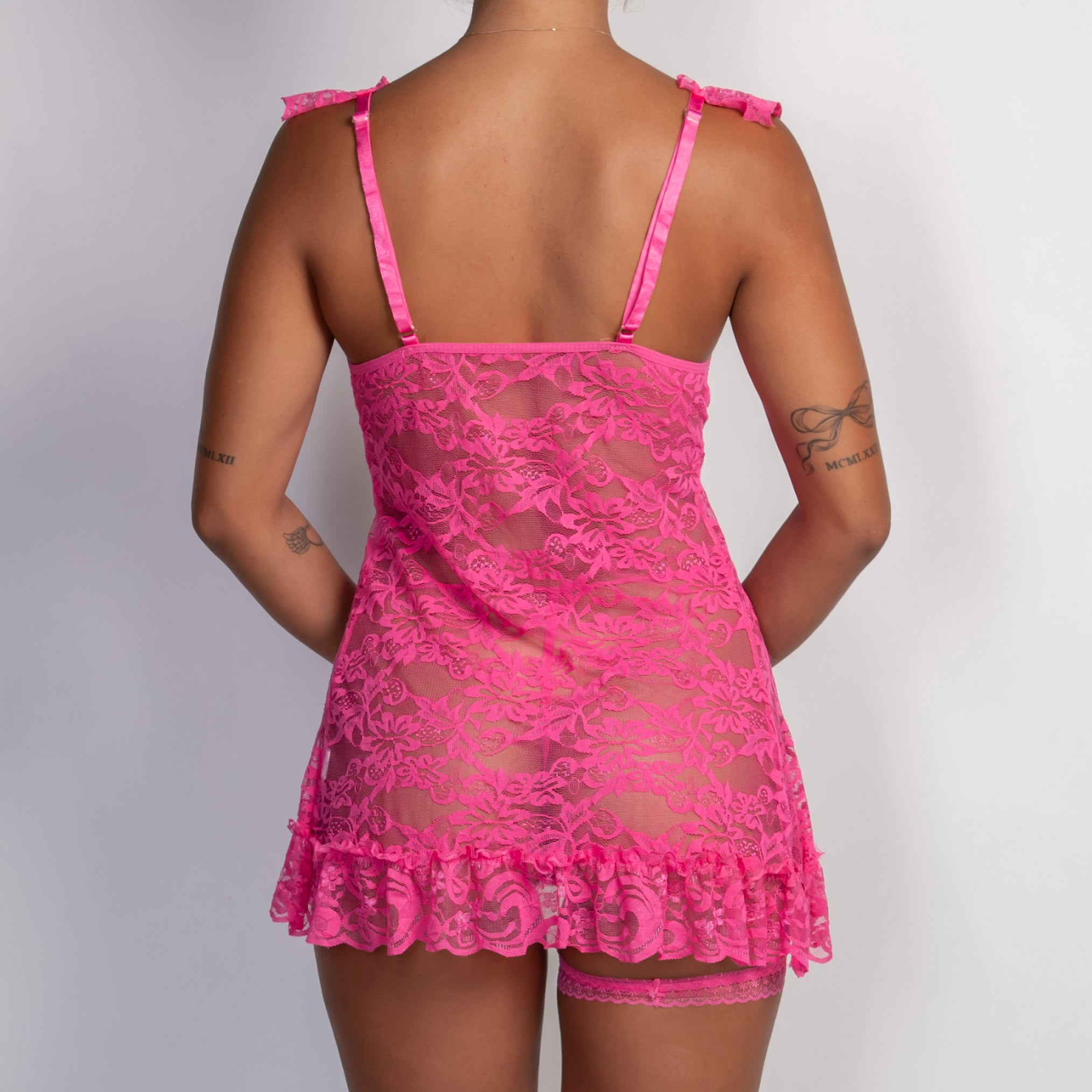 HOT PINK LACE BABYDOLL SET