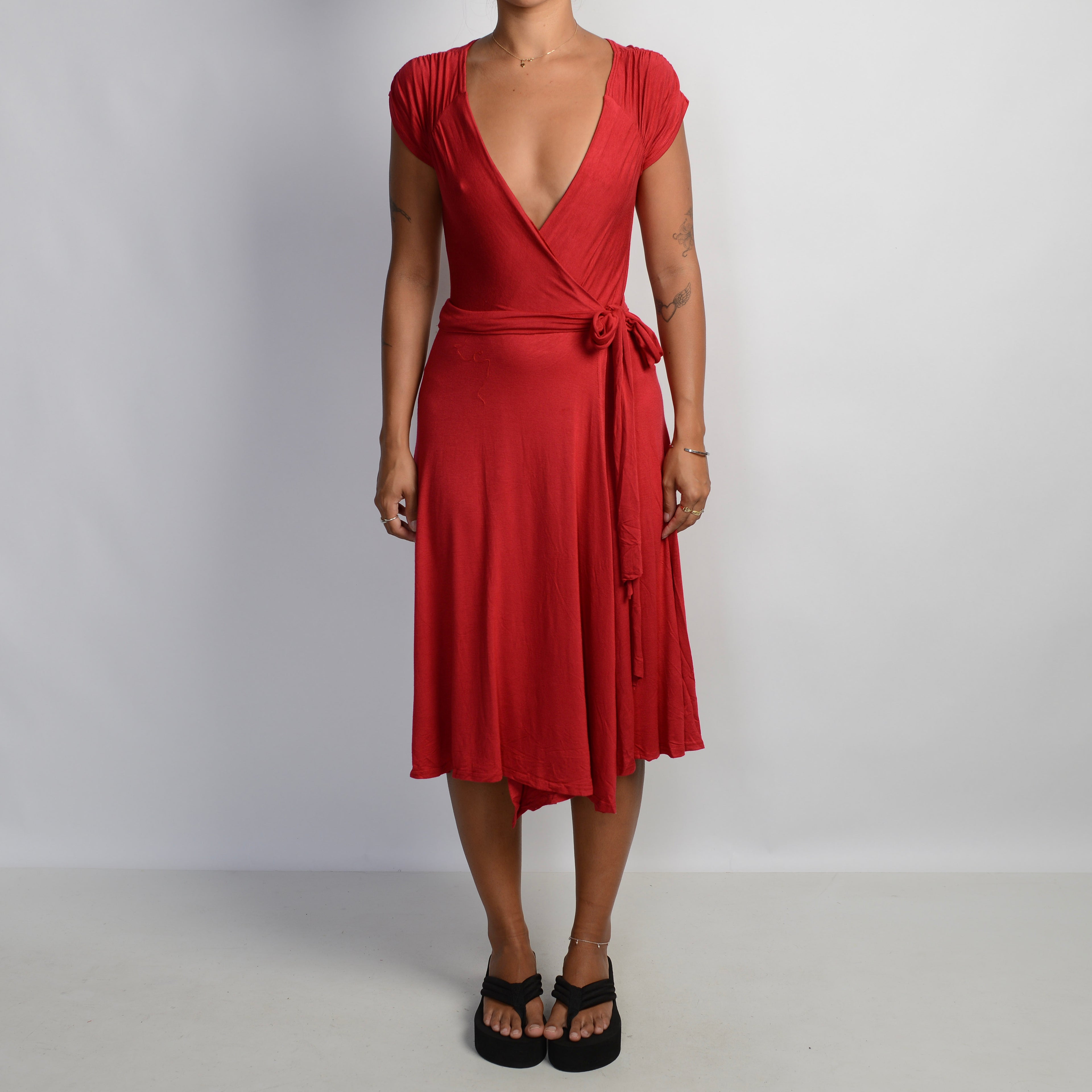 RED FAUX WRAP MIDI DRESS