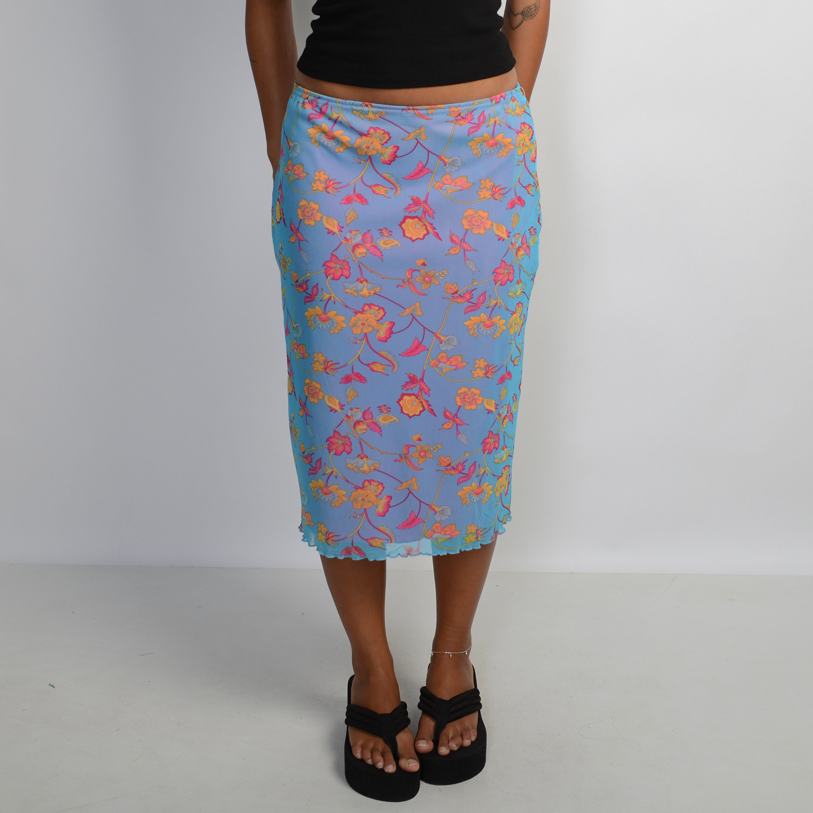 FLORAL MESH MIDI SKIRT