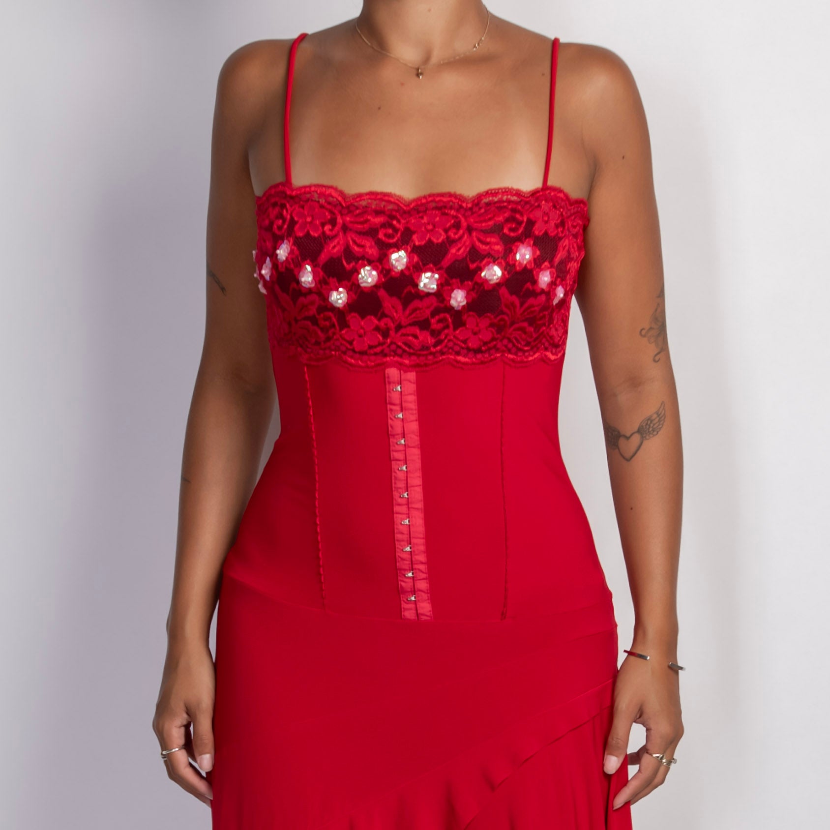 RED ASYMMETRIC MIDI DRESS