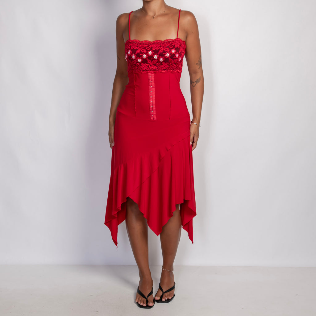 RED ASYMMETRIC MIDI DRESS