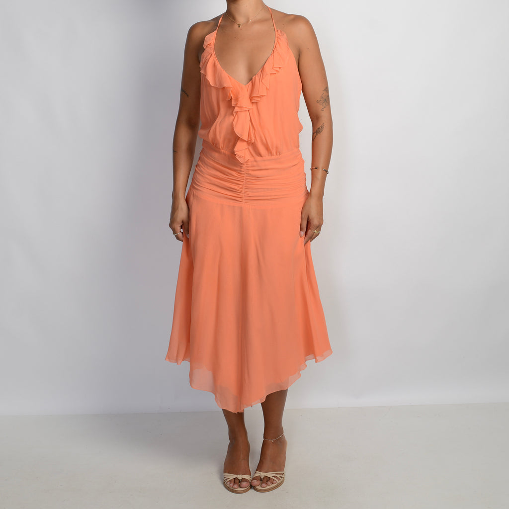 CORAL SILK HALTER DRESS
