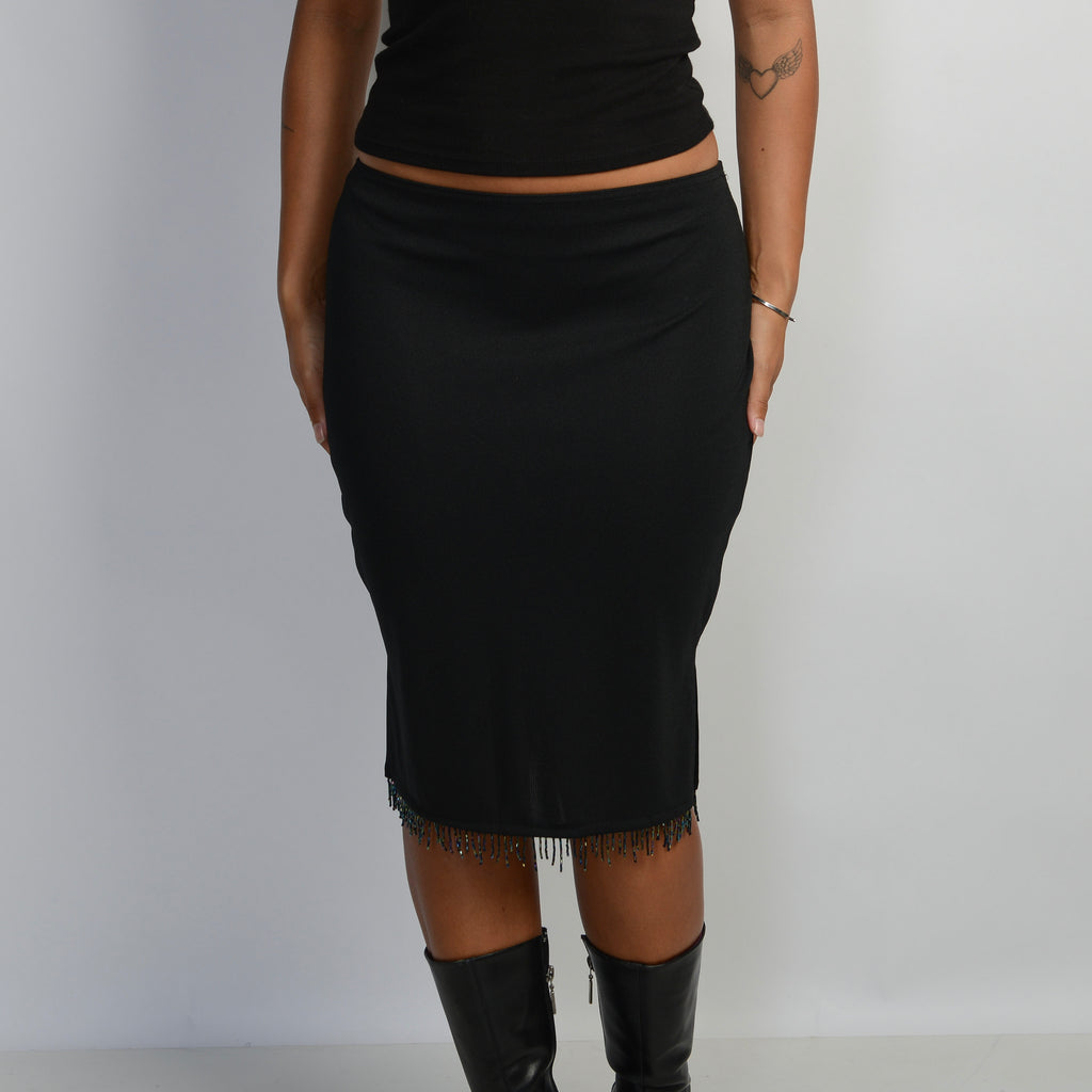 BEADED TASSLE MIDI SKIRT