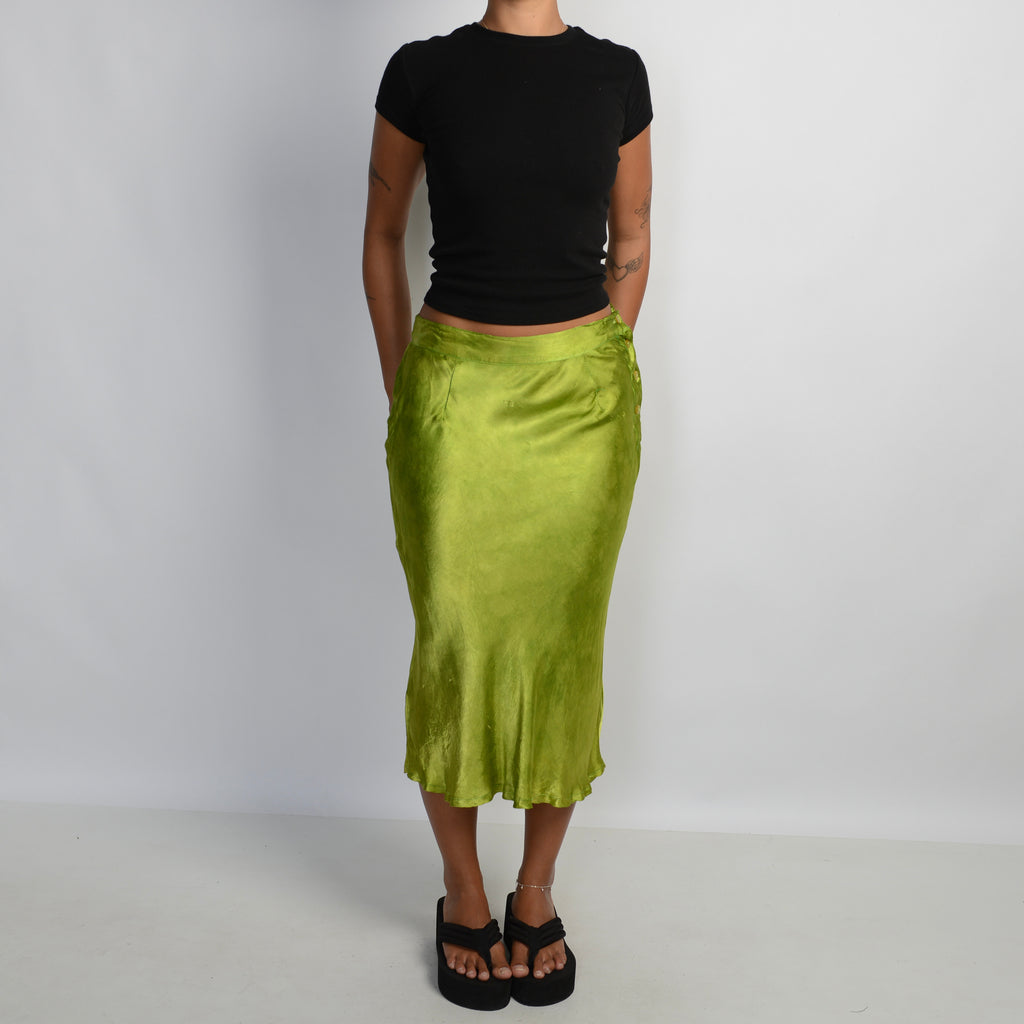 GREEN SATIN MIDI SKIRT