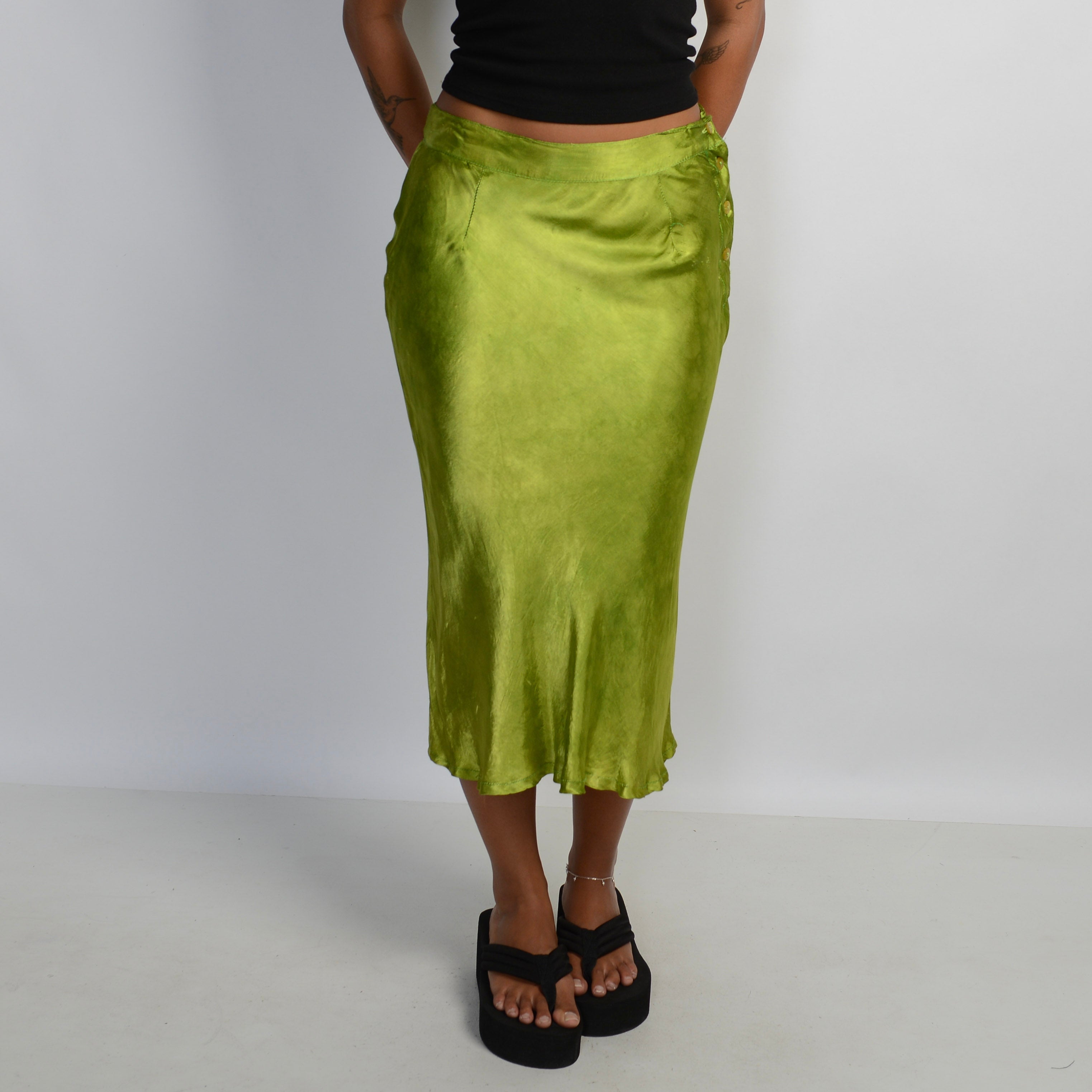 GREEN SATIN MIDI SKIRT
