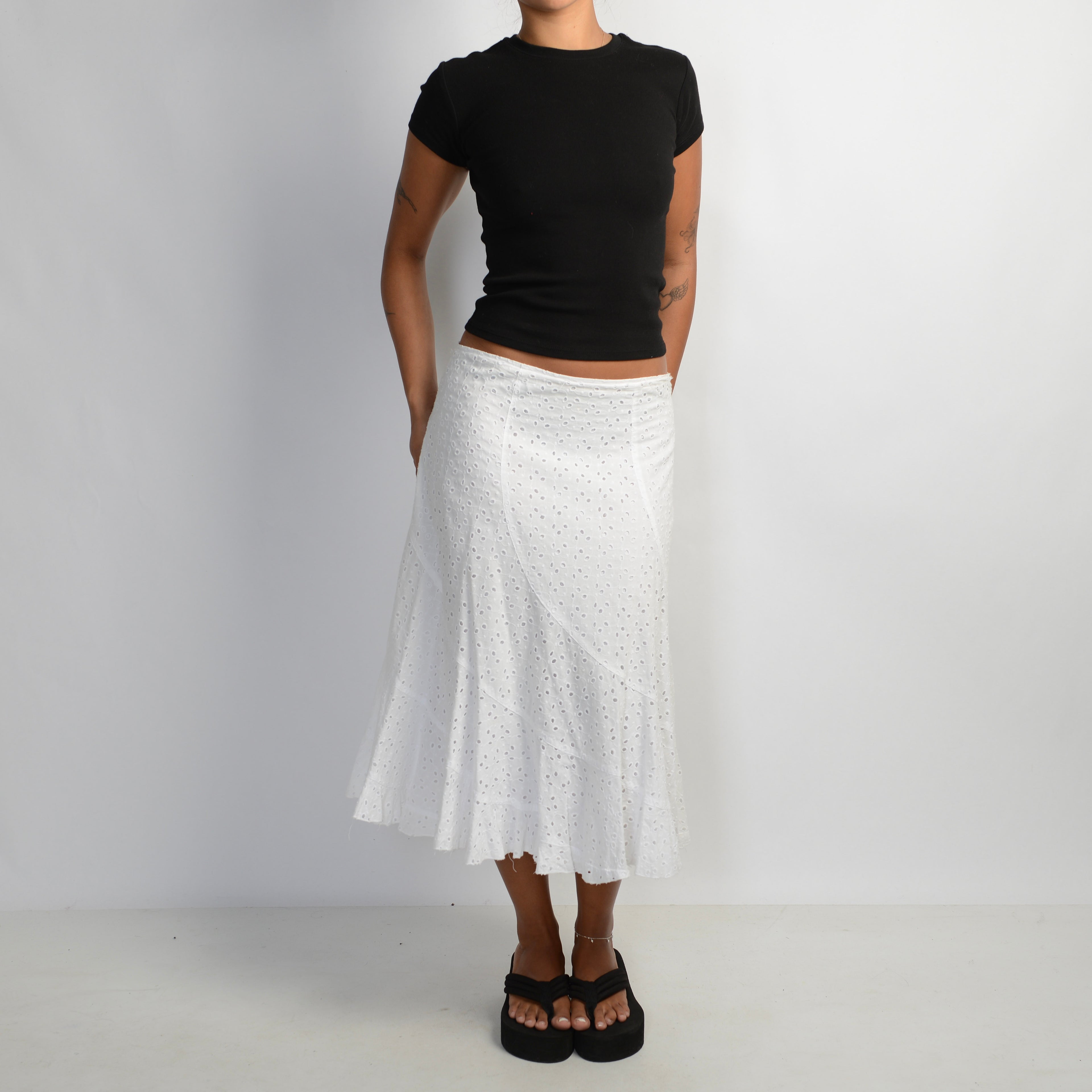 WHITE BRODERIE MIDI SKIRT