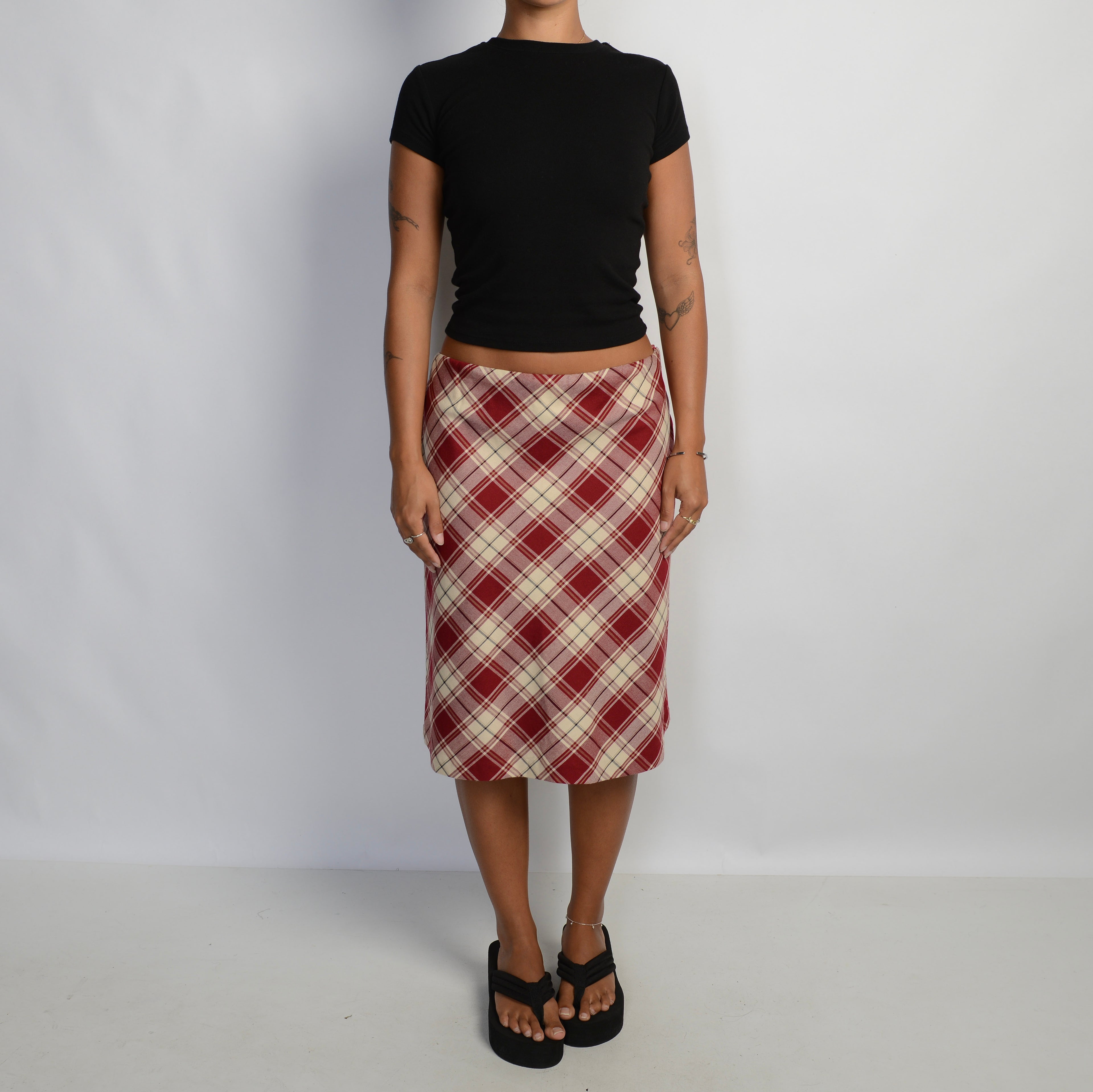 RED PLAID MIDI SKIRT