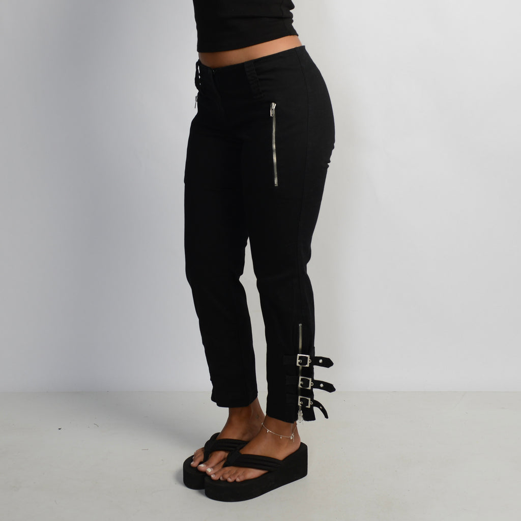 BLACK CROP BUCKLE TROUSERS