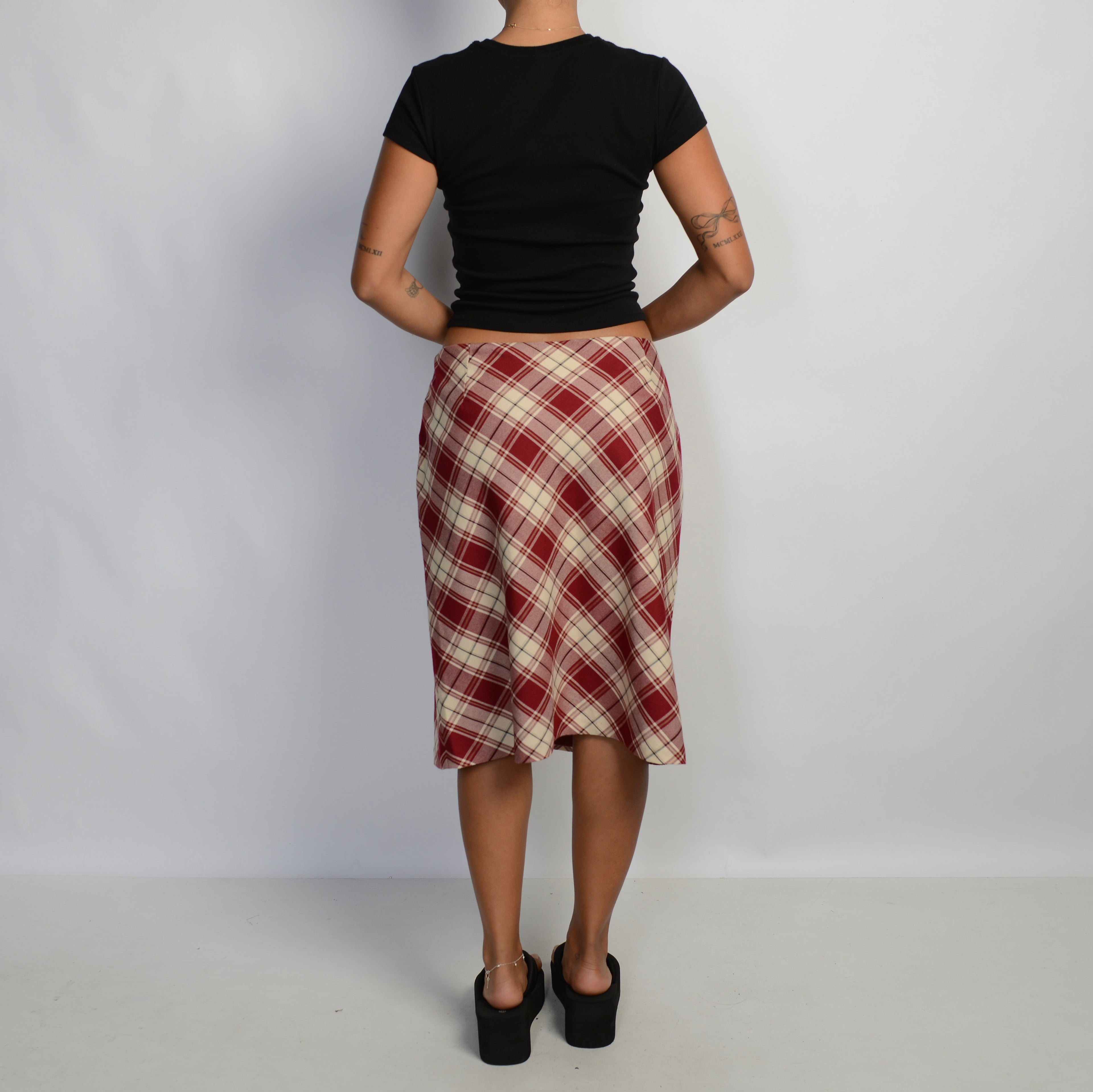 RED PLAID MIDI SKIRT