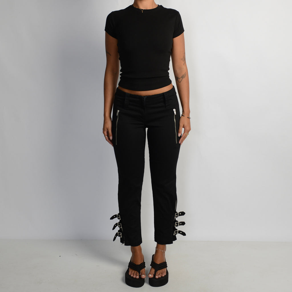 BLACK CROP BUCKLE TROUSERS