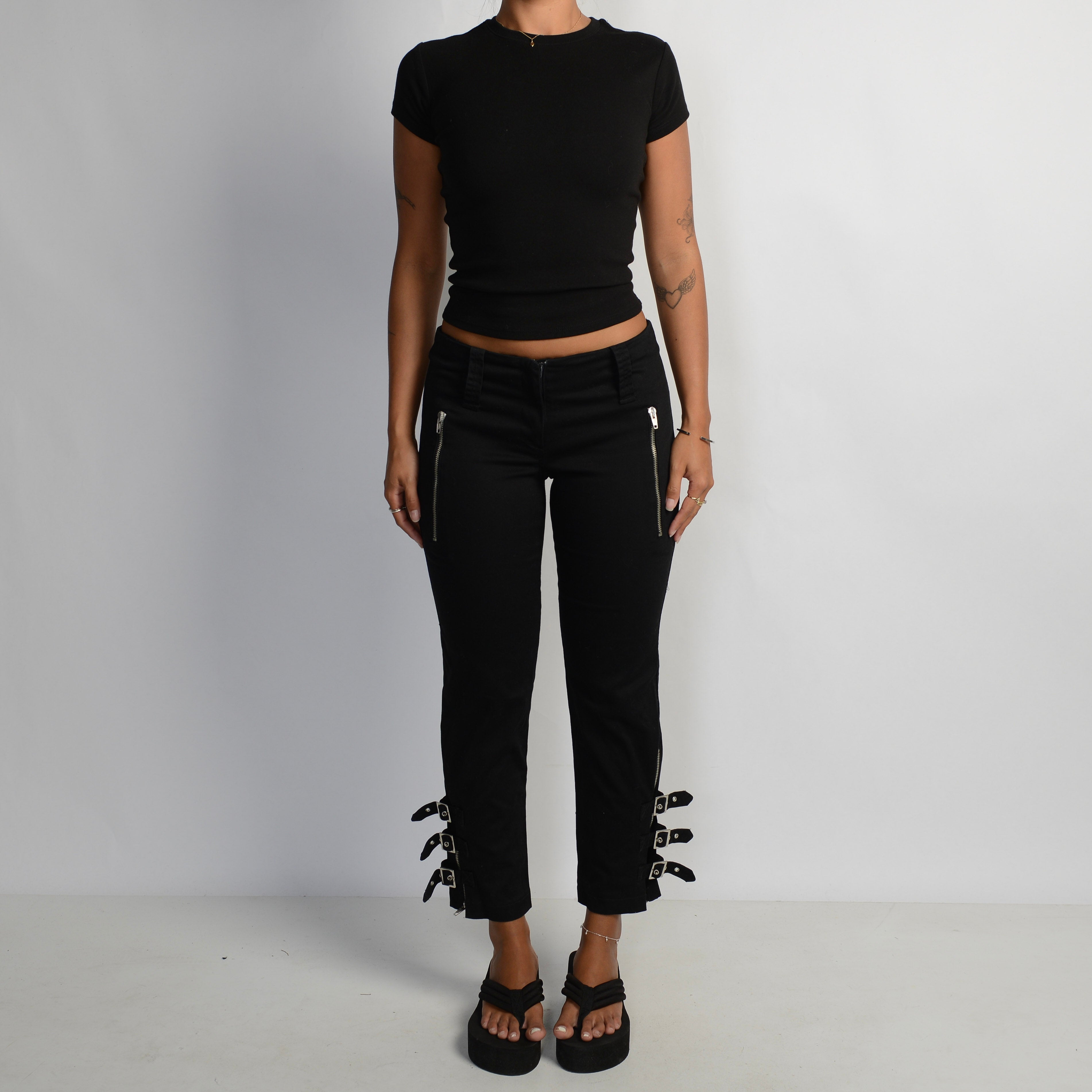BLACK CROP BUCKLE TROUSERS