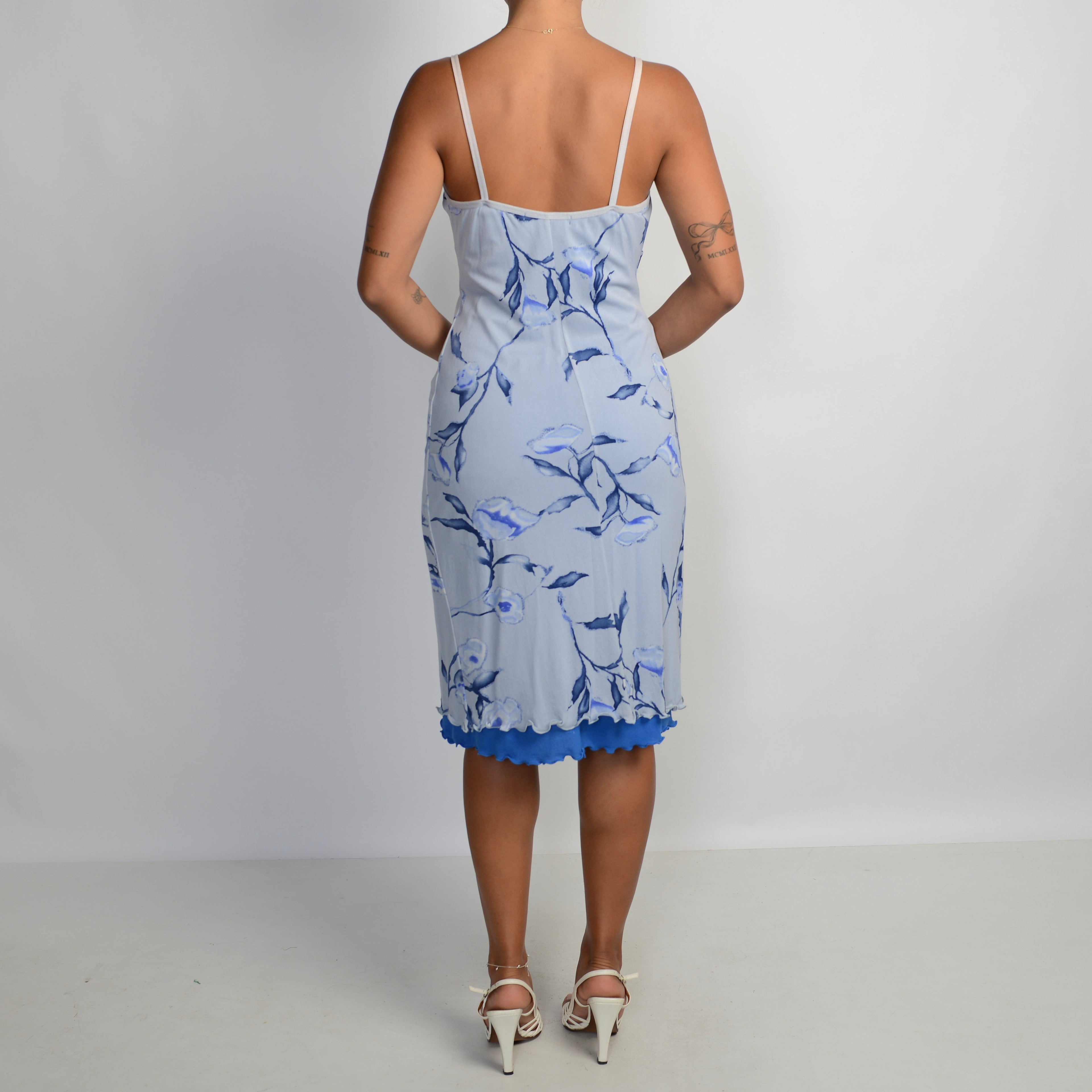 BLUE MESH FLORAL MIDI DRESS