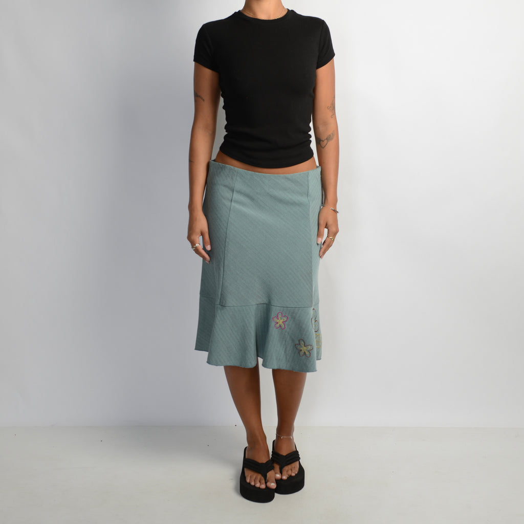 TEAL EMBROIDERED MIDI SKIRT
