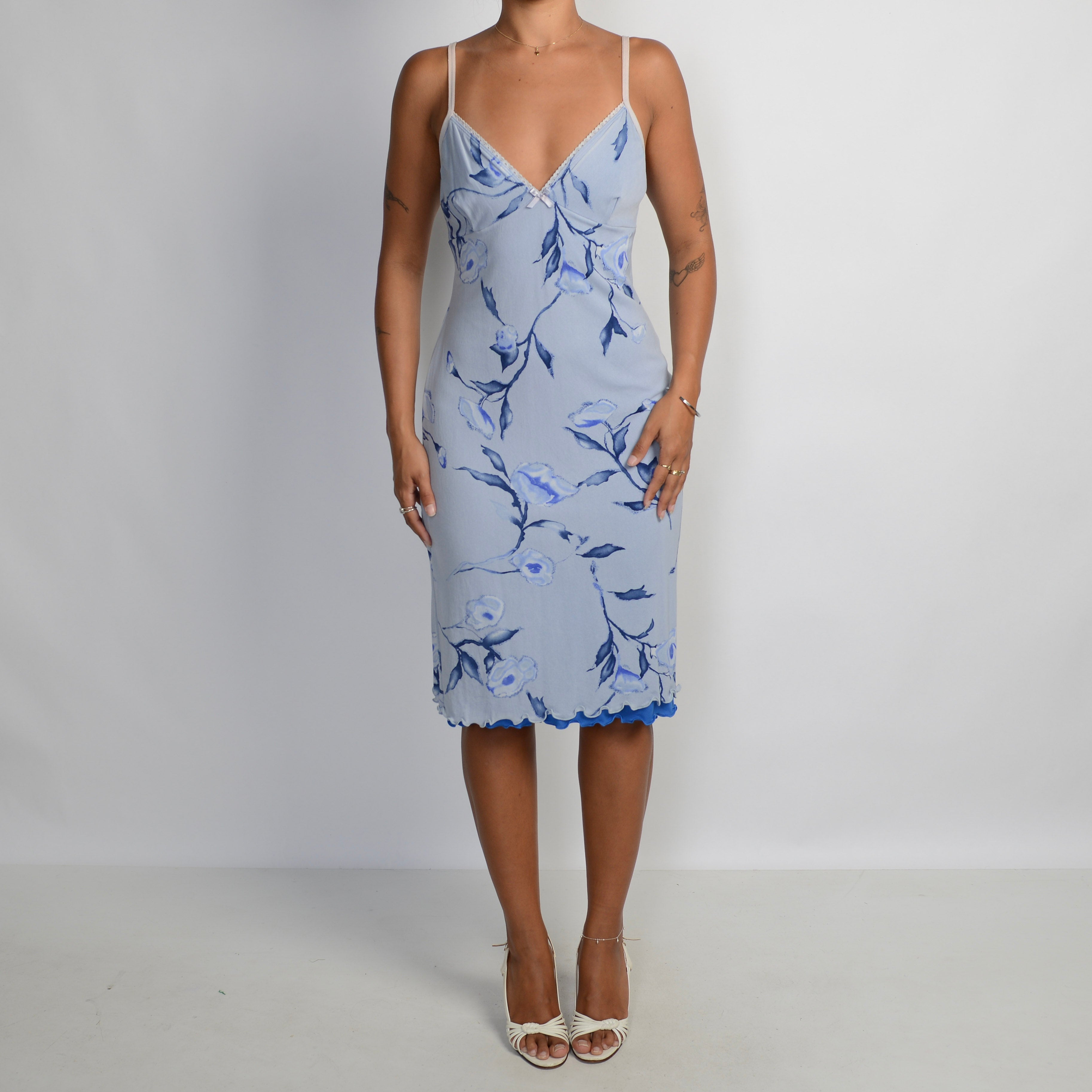 BLUE MESH FLORAL MIDI DRESS