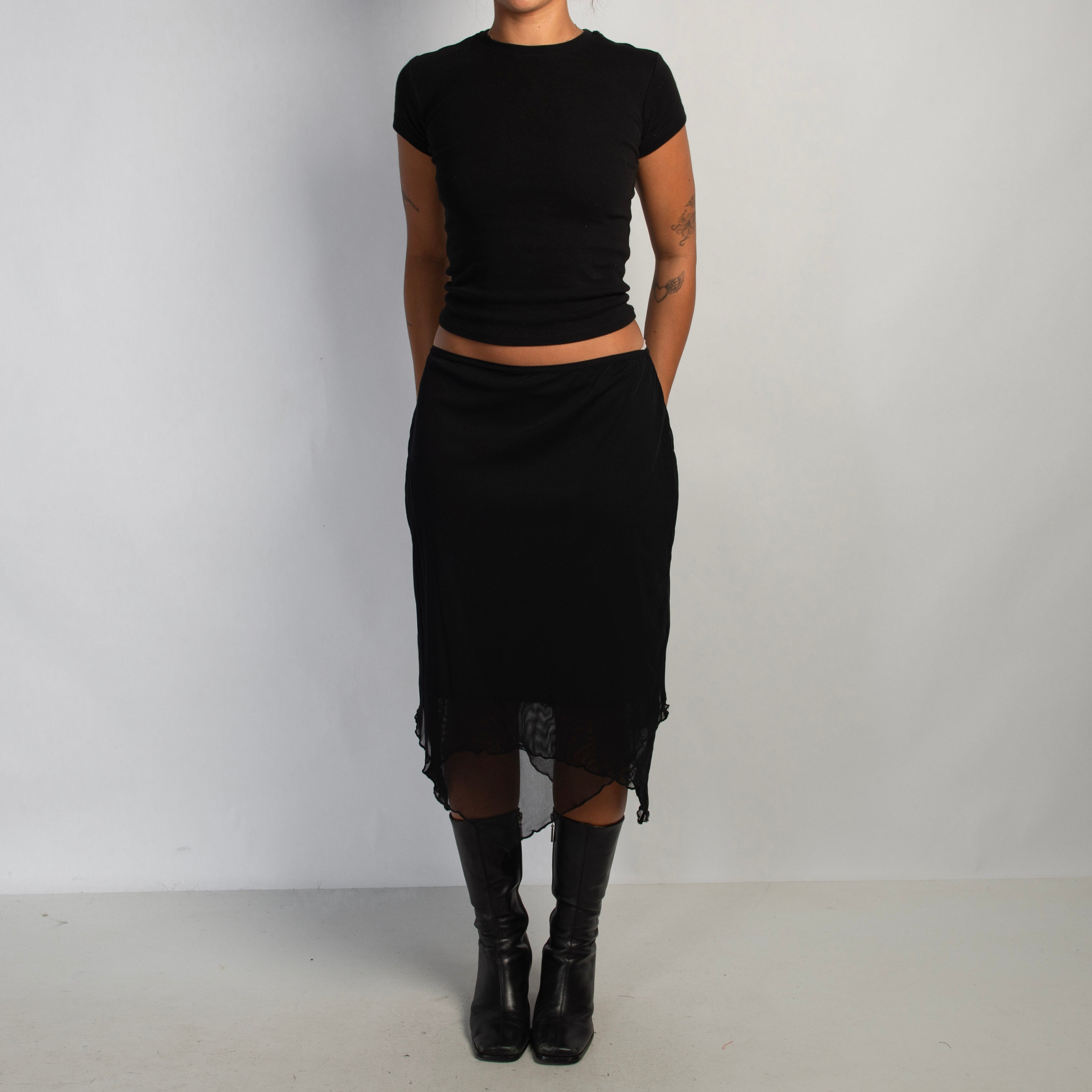 BLACK MESH MIDI SKIRT