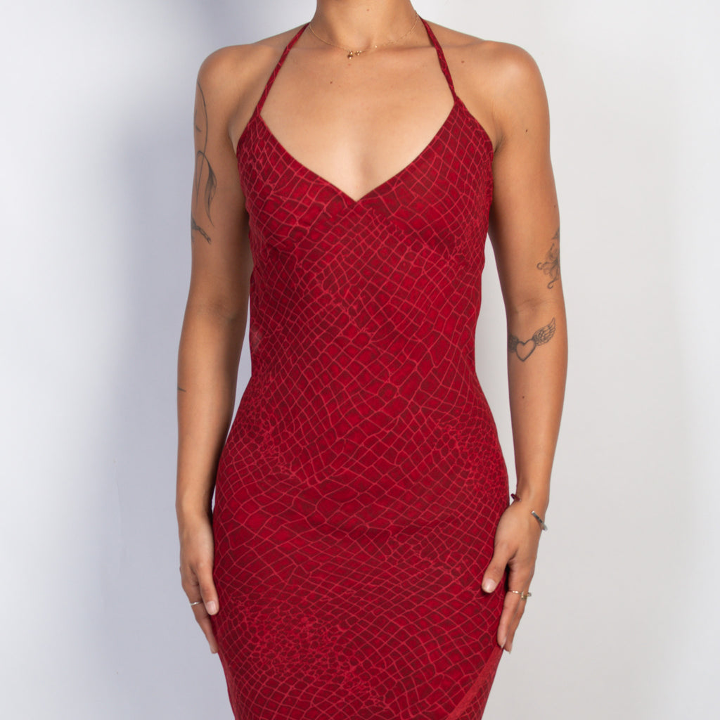 RED HALTER MIDI DRESS