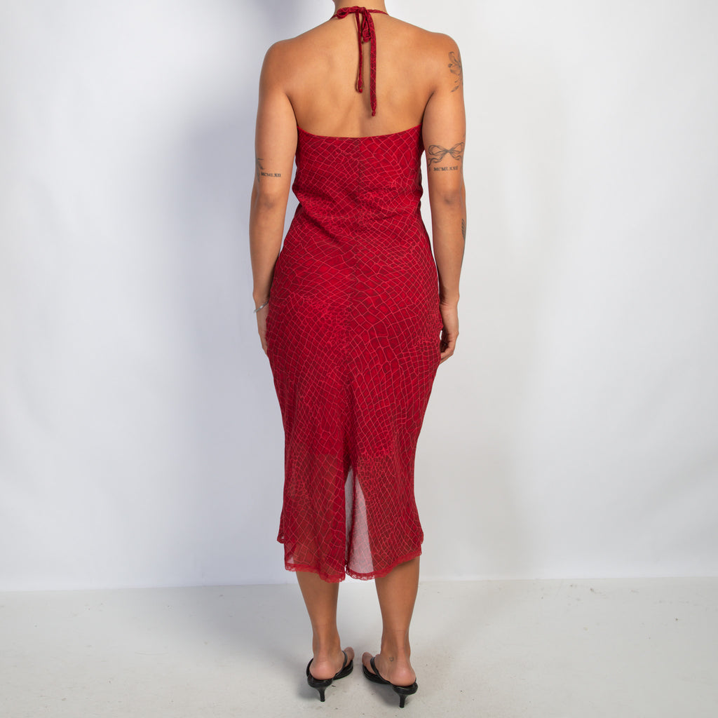 RED HALTER MIDI DRESS