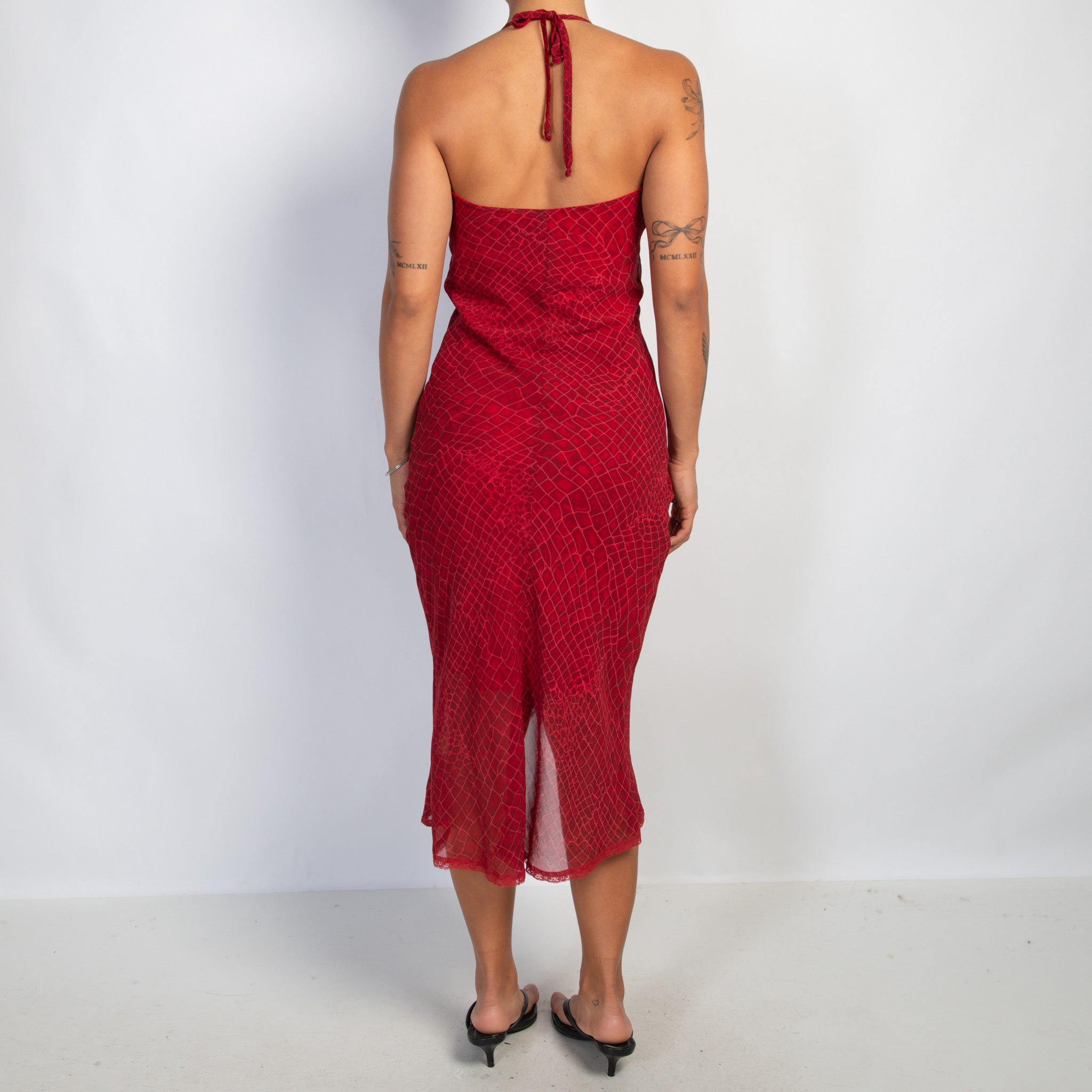 RED HALTER MIDI DRESS
