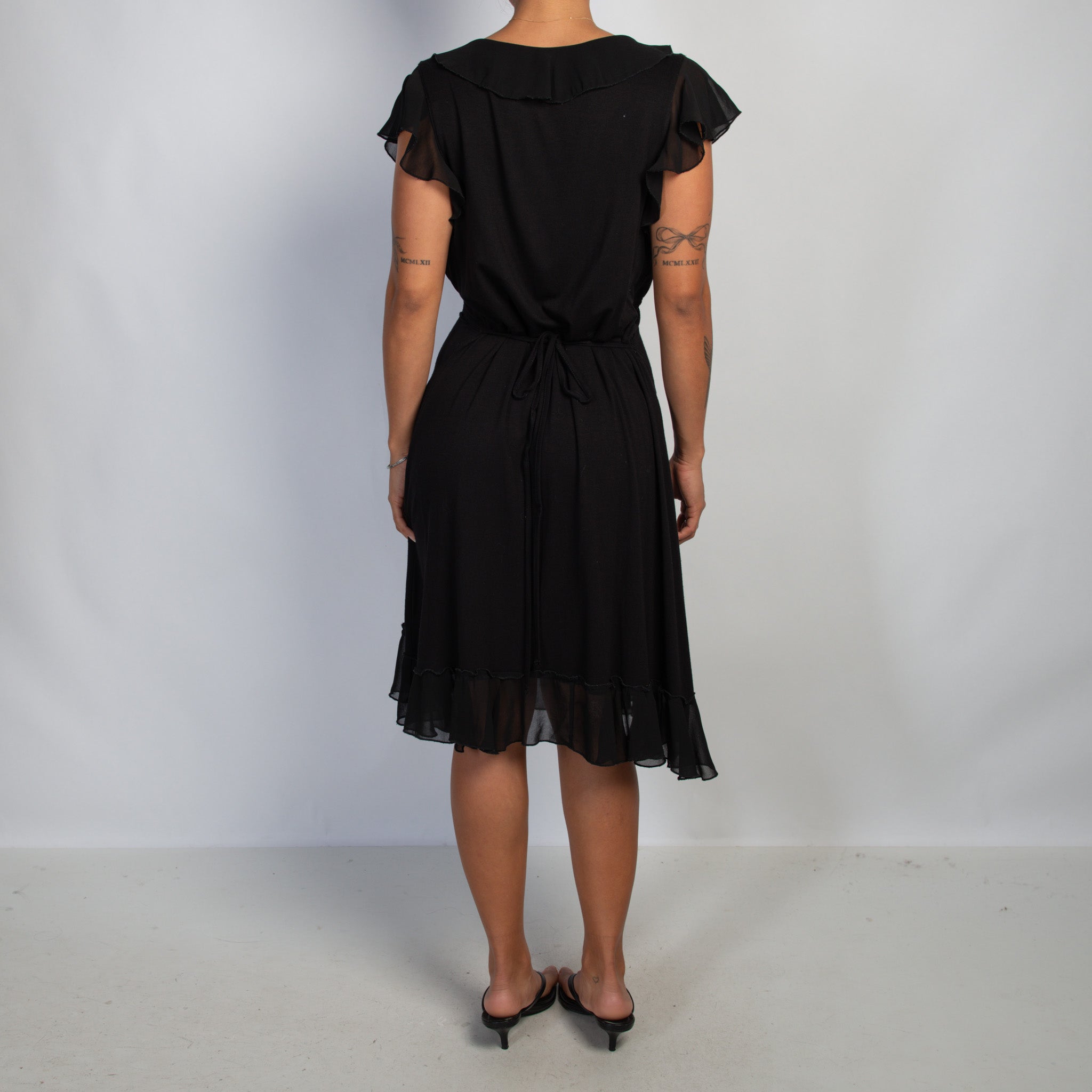 BLACK RUFFLE MIDI DRESS