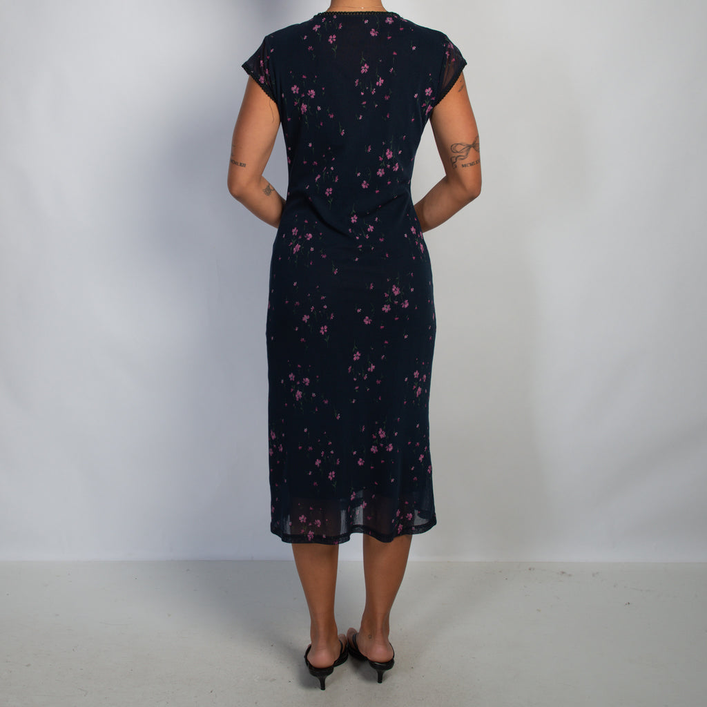NAVY FLORAL MESH MIDI DRESS