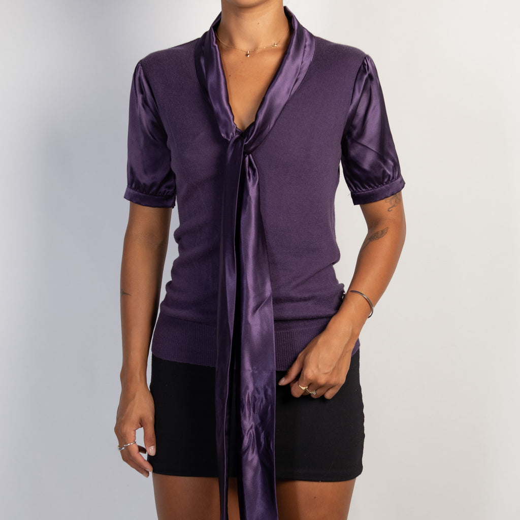 PURPLE SATIN TIE KNIT BLOUSE