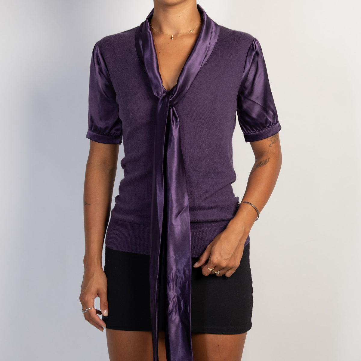 PURPLE SATIN TIE KNIT BLOUSE
