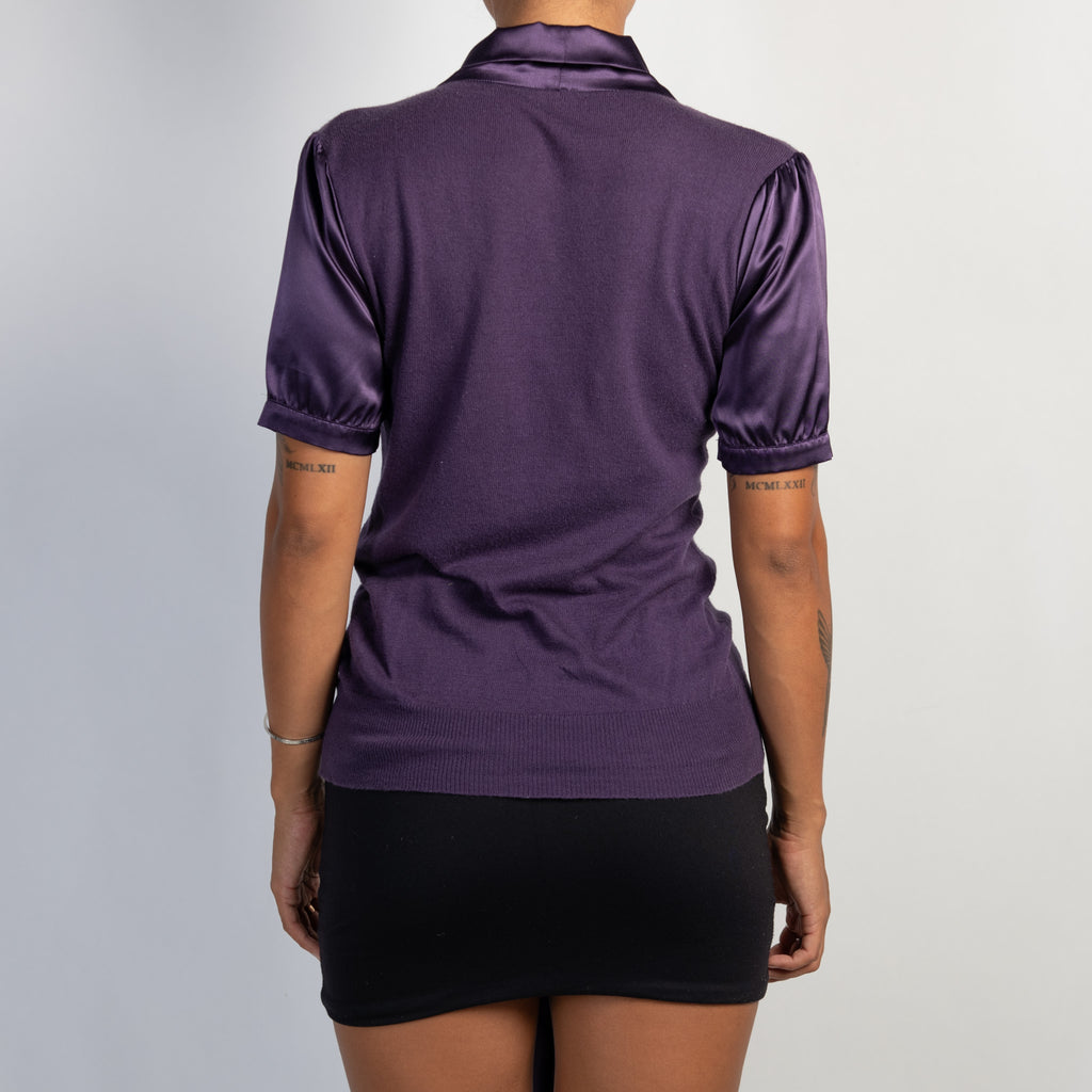 PURPLE SATIN TIE KNIT BLOUSE