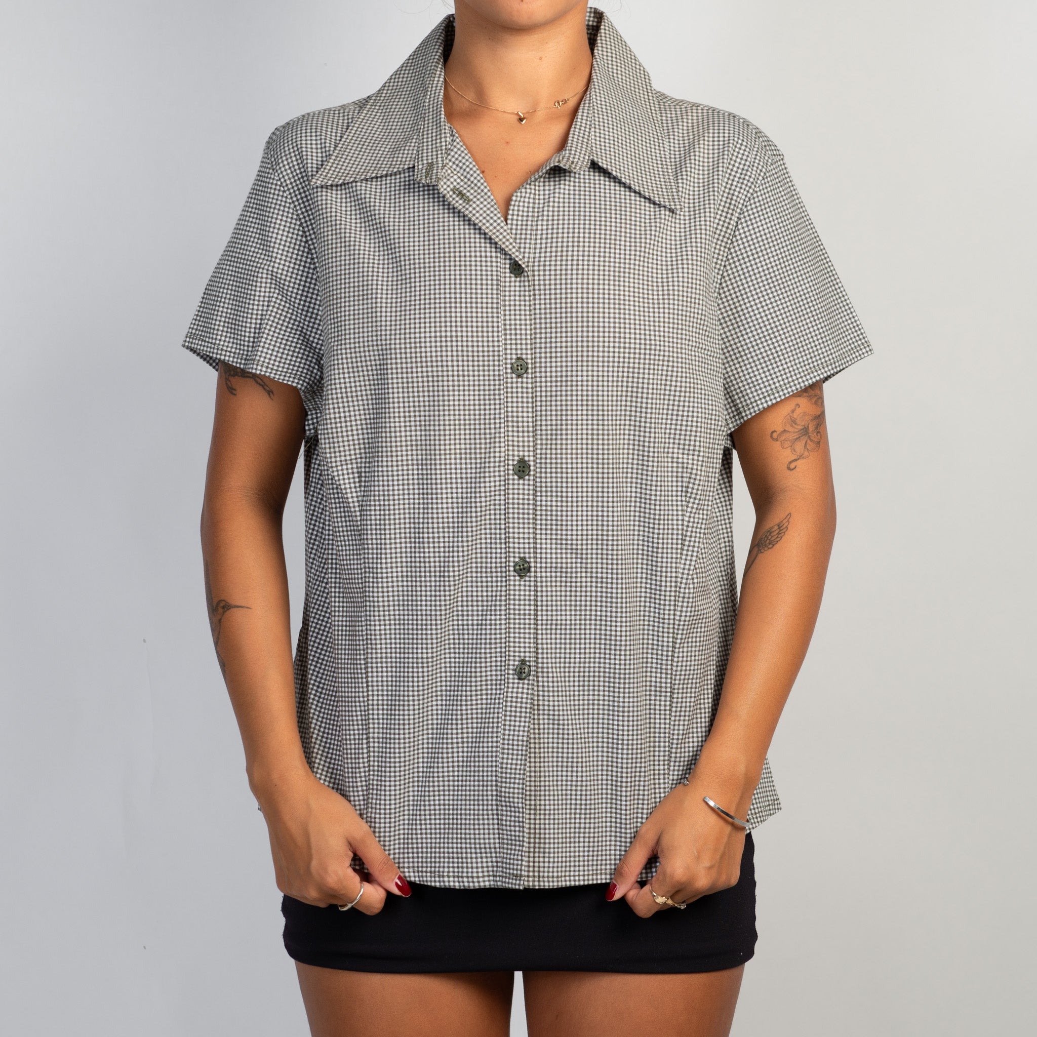 GREEN MICRO CHECK BLOUSE