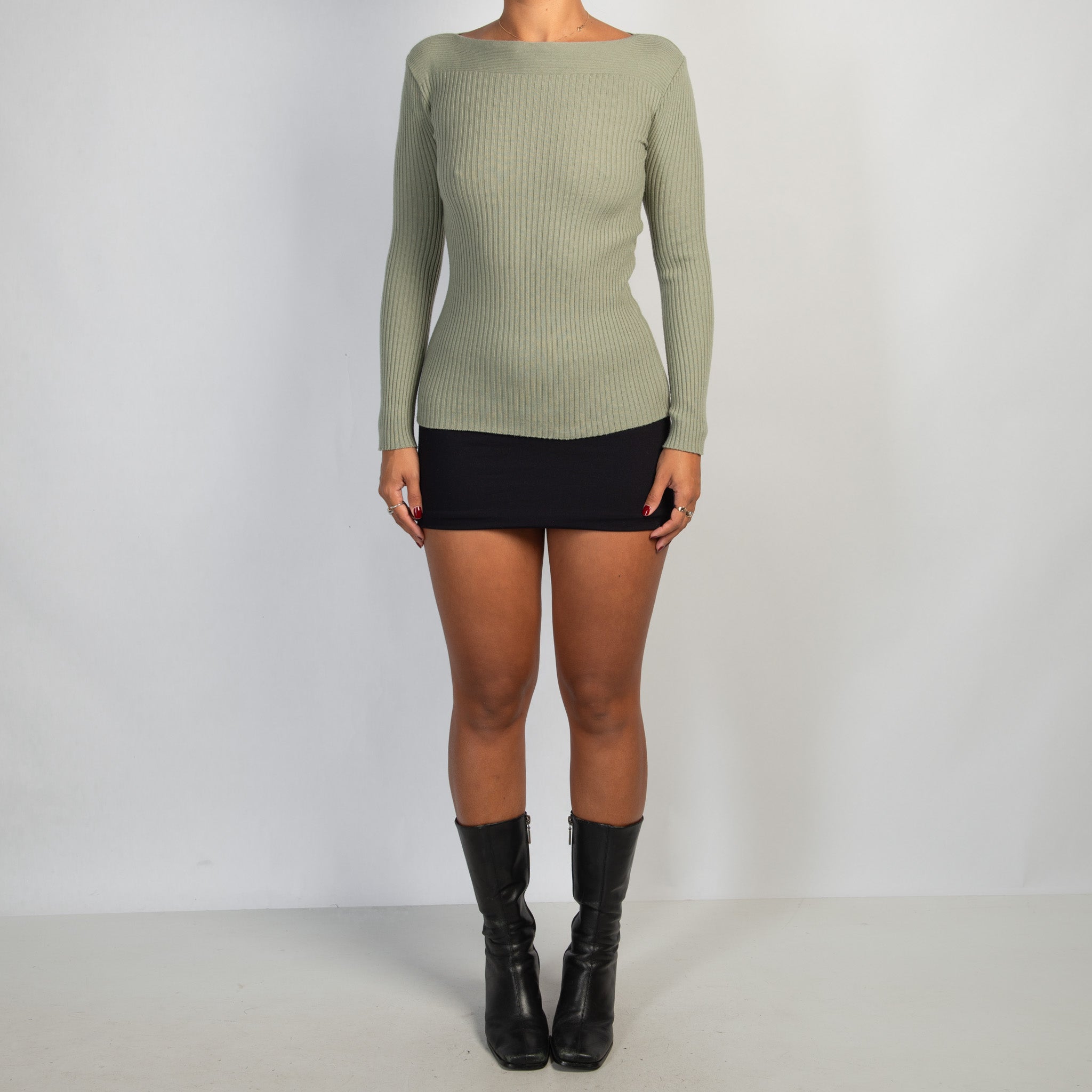 GREEN RIB LONG SLEEVE TOP
