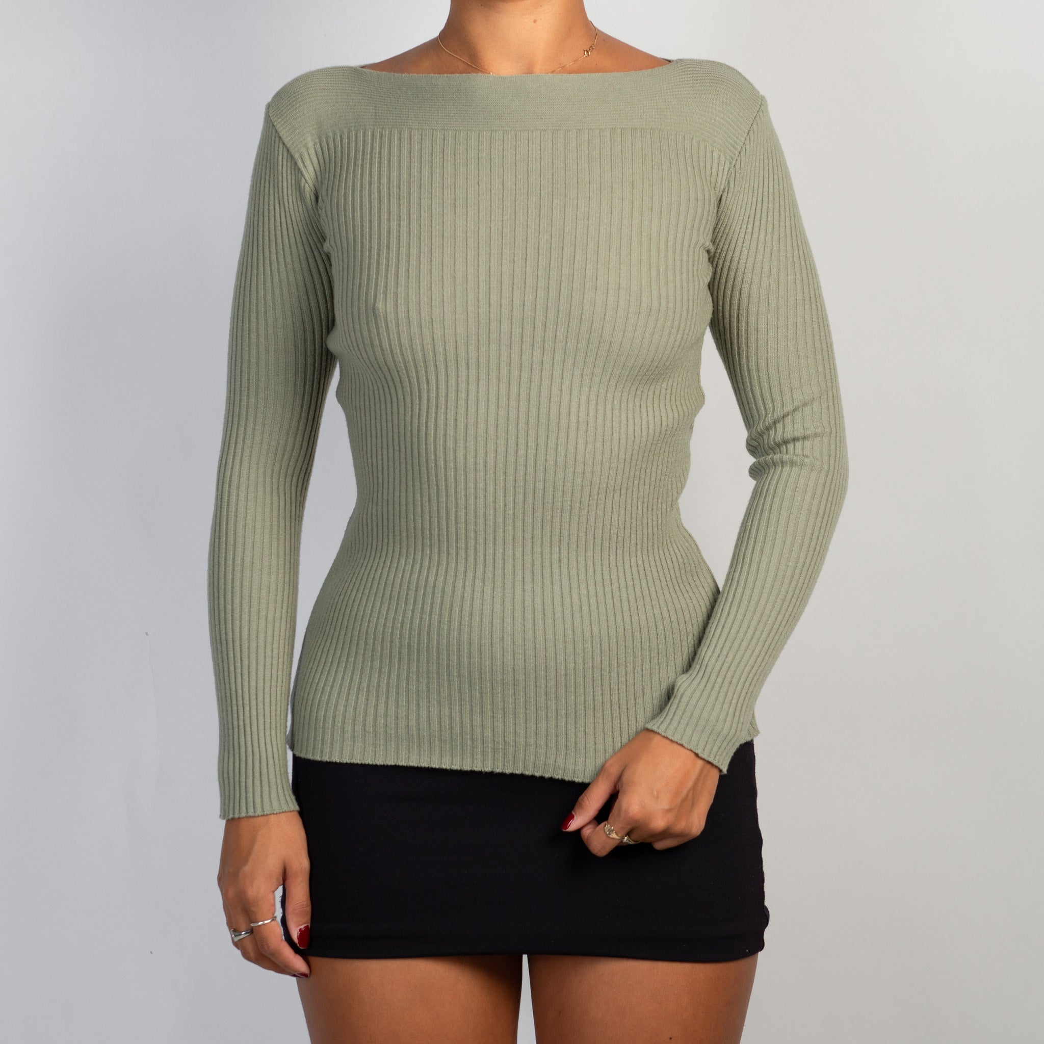 GREEN RIB LONG SLEEVE TOP