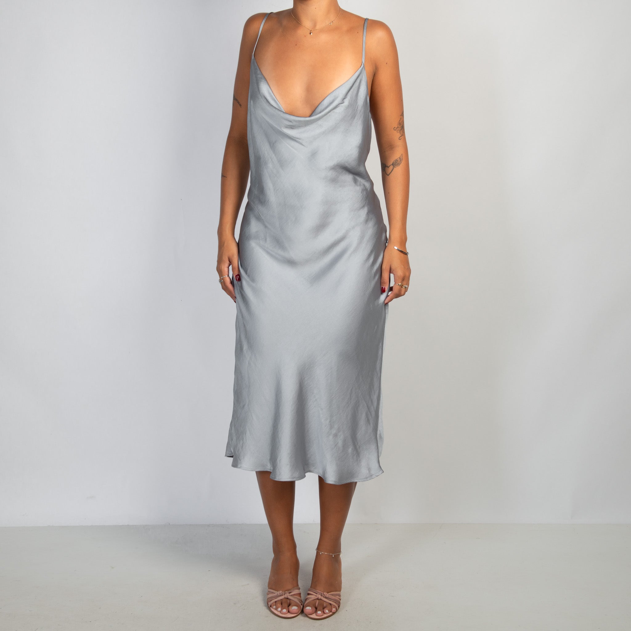 GREY BLUE SATIN MIDI DRESS