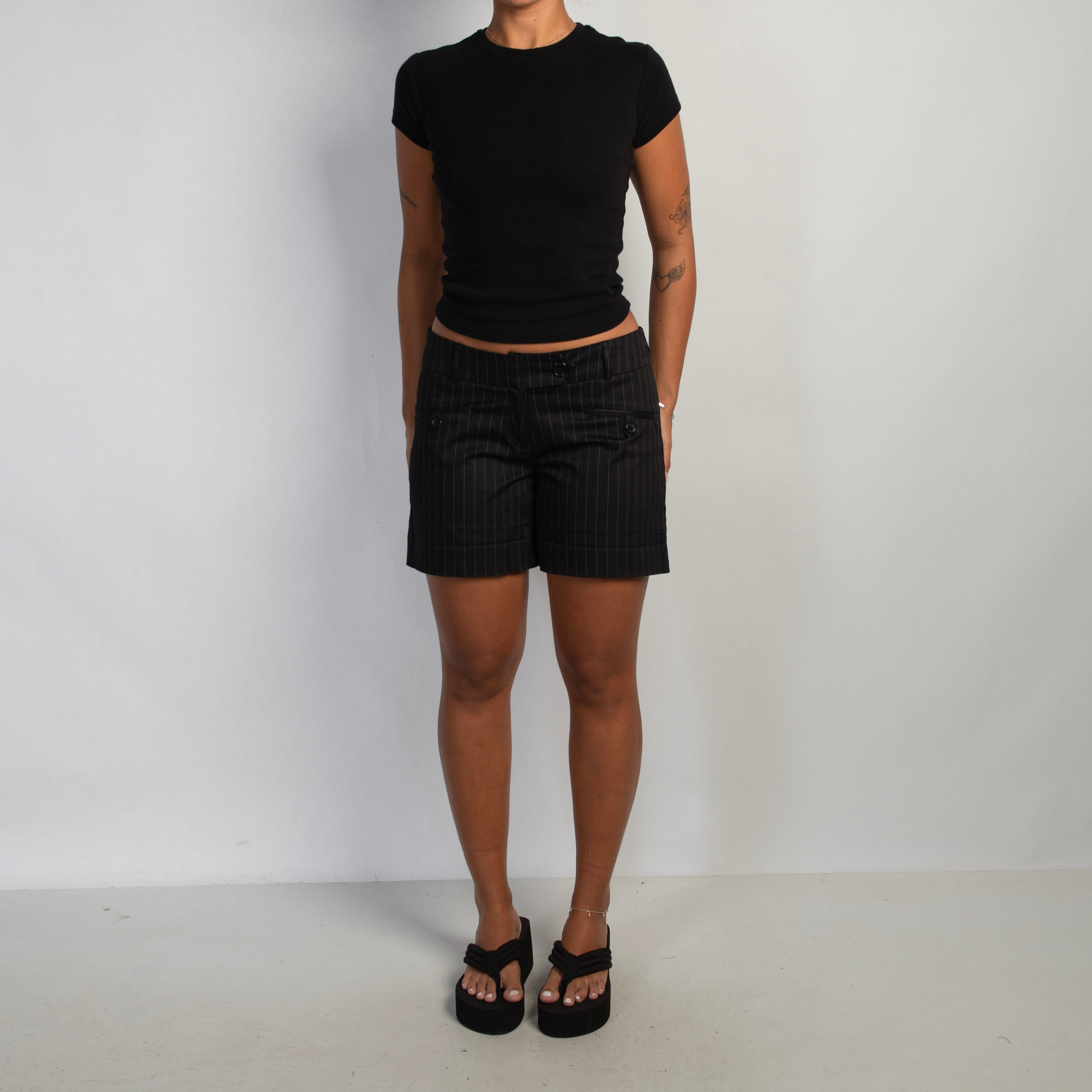 BLACK PINSTRIPE SHORTS