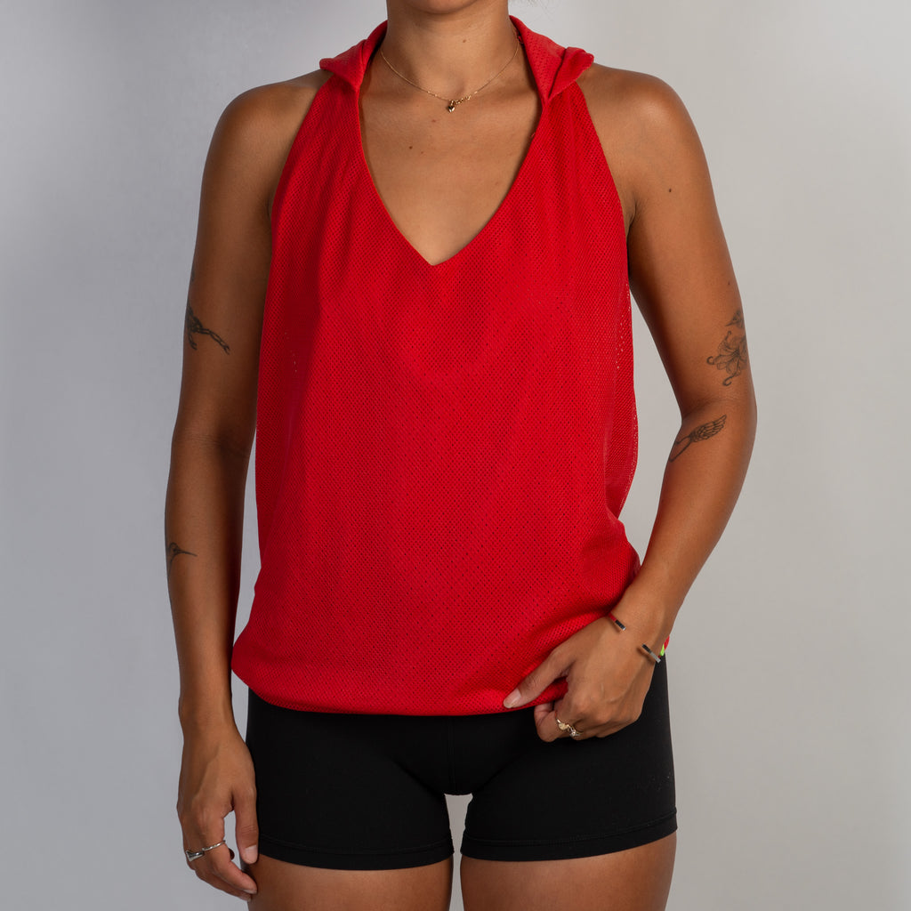 RED BACKLESS HOOD TOP