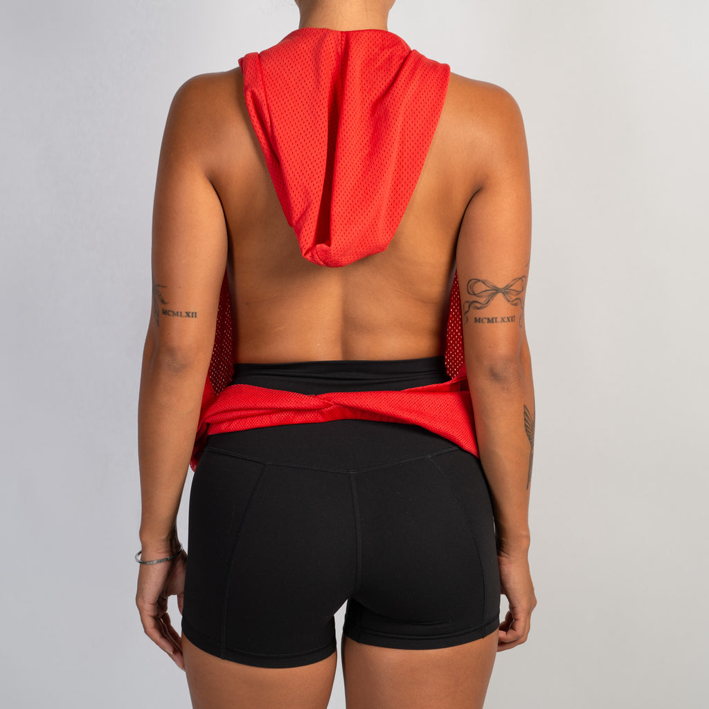 RED BACKLESS HOOD TOP