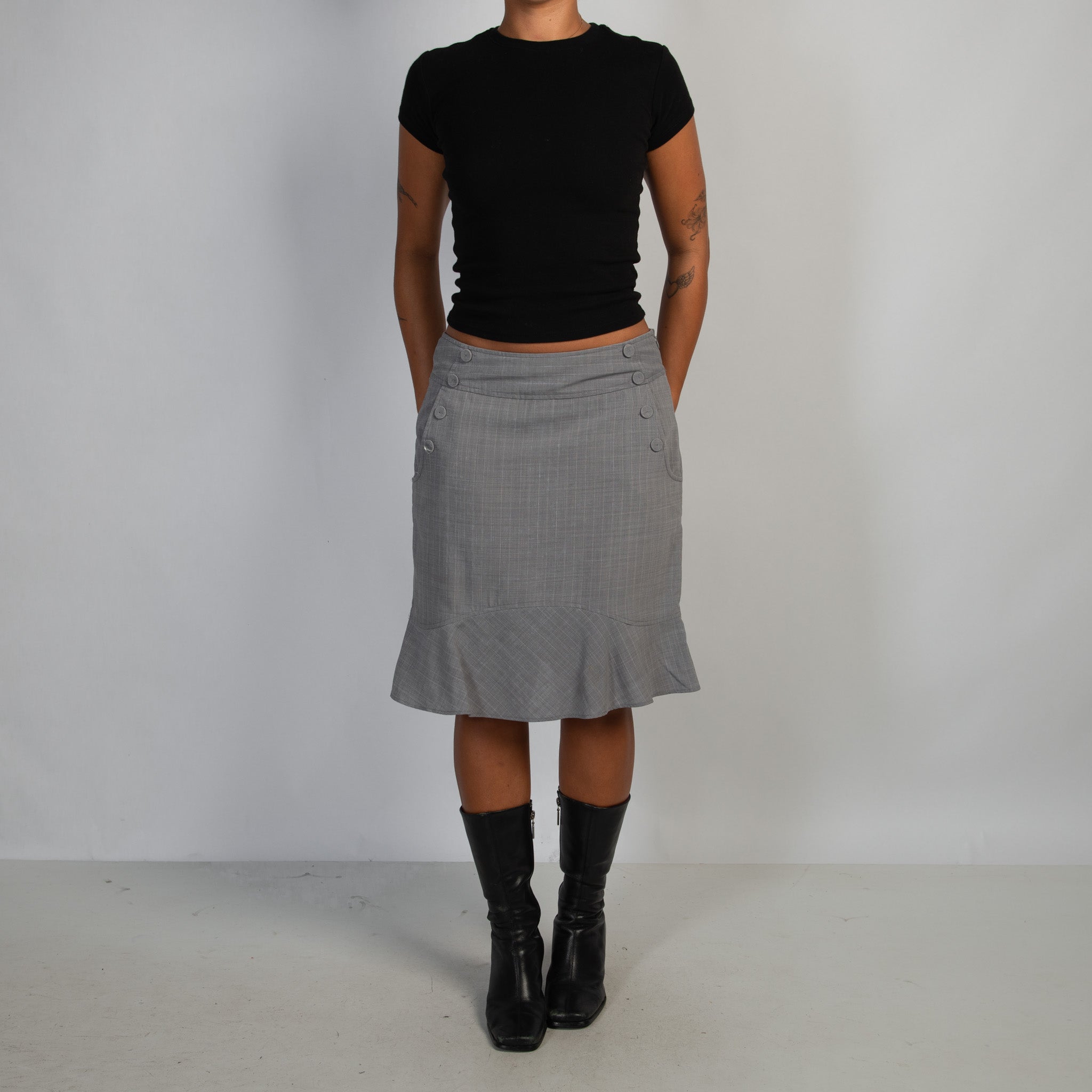 GREY CHECK MIDI SKIRT