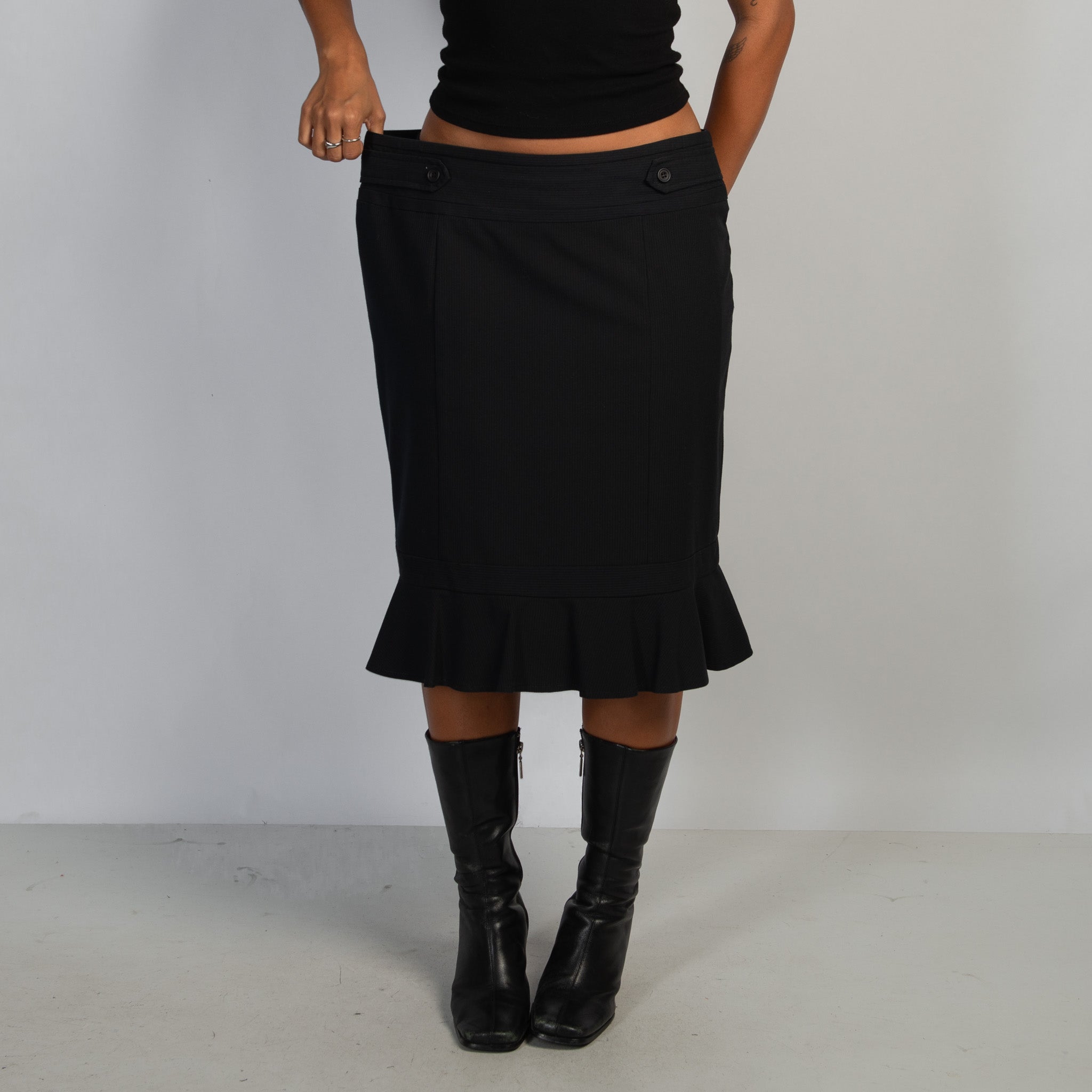 BLACK PINSTRIPE MIDI SKIRT