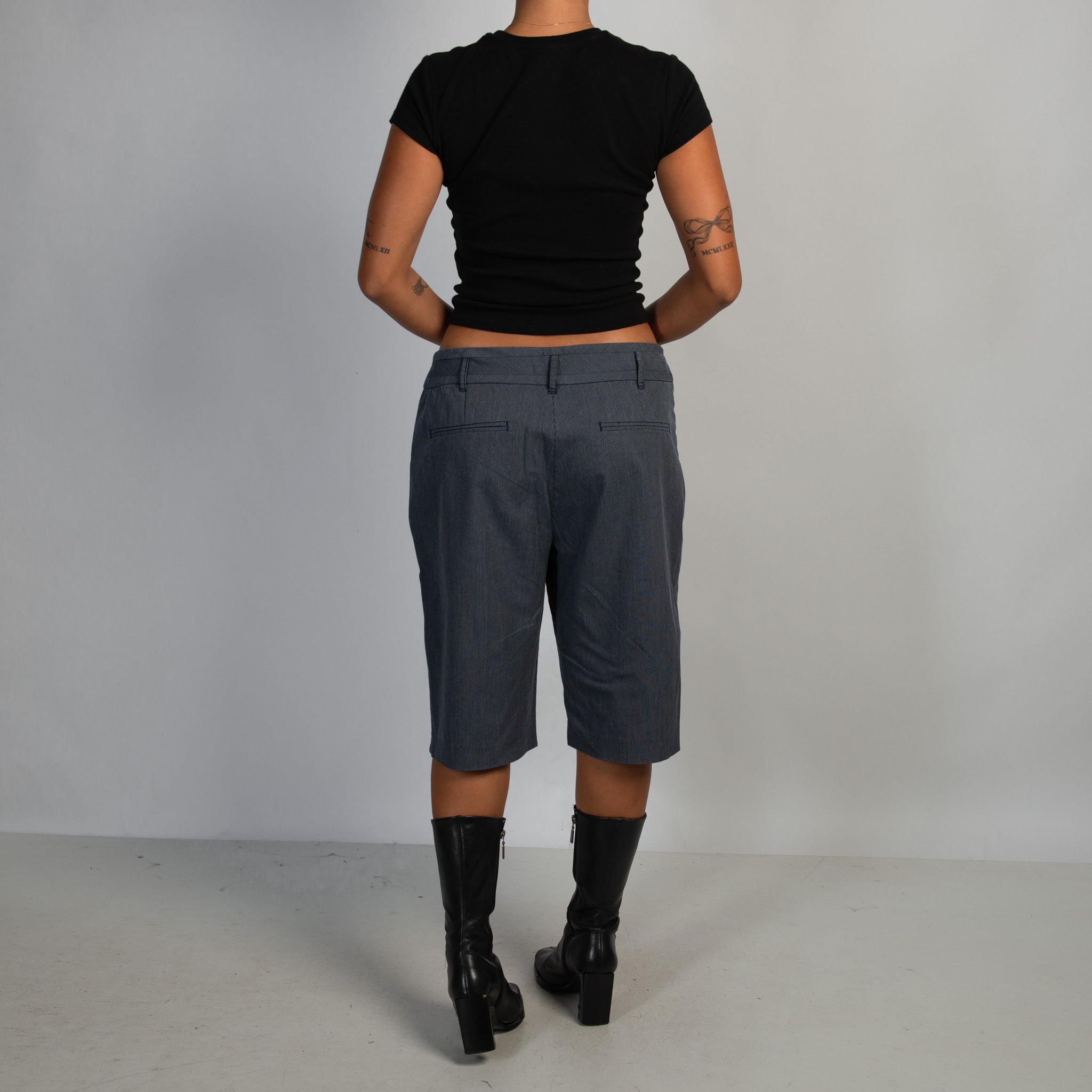 NAVY PINSTRIPE CROP PANTS