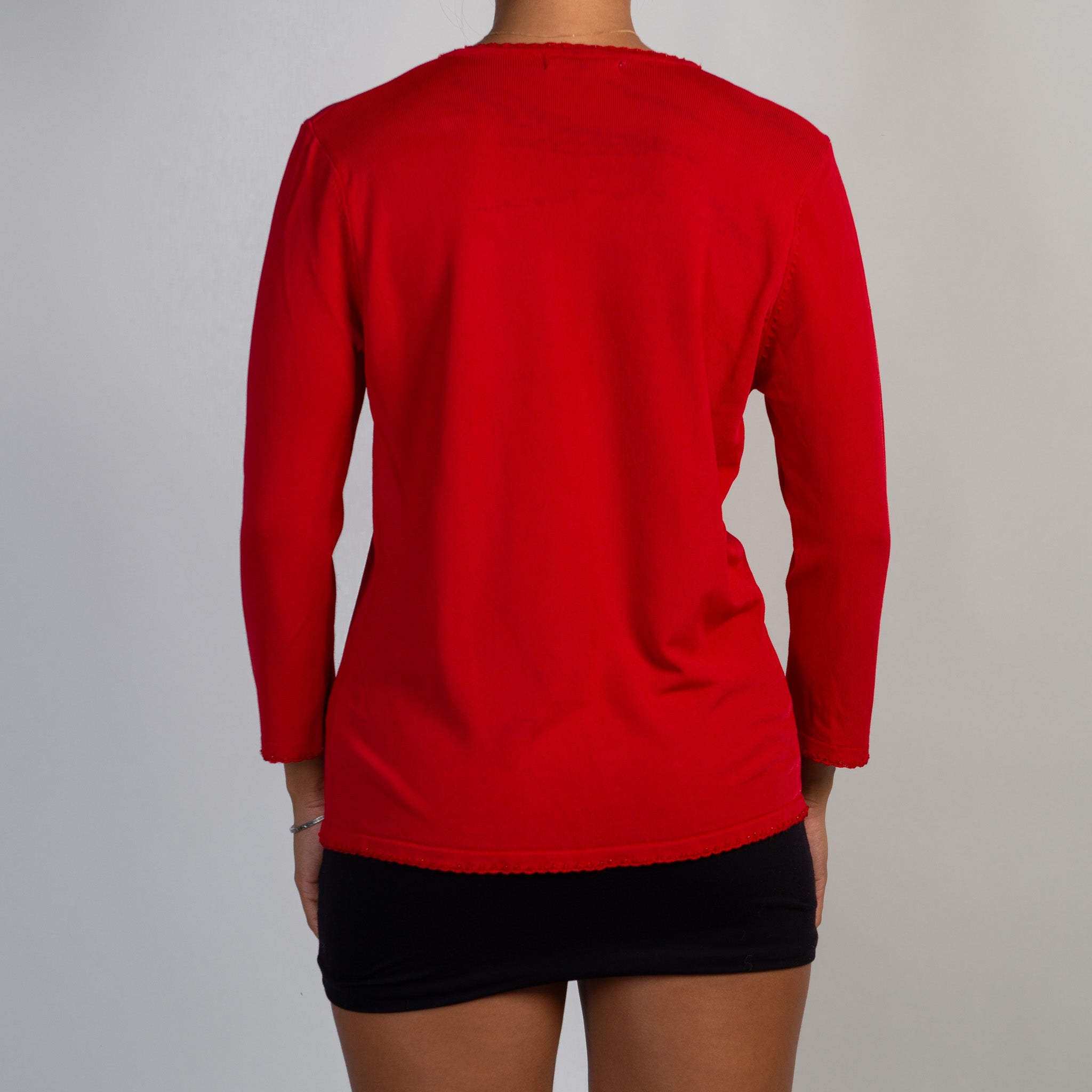 RED BEADED TRIM CARDIGAN