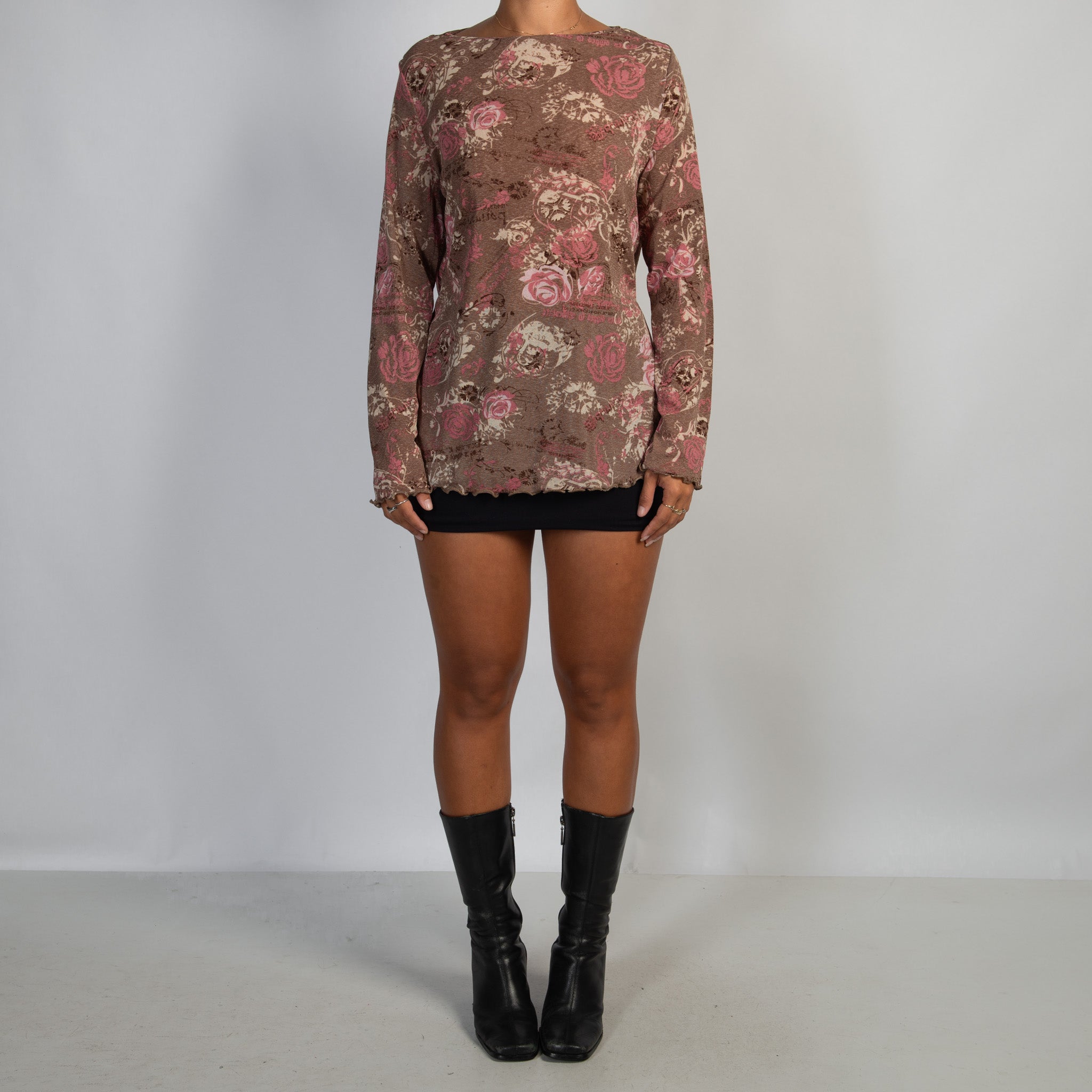 BROWN MESH LONG SLEEVE TOP