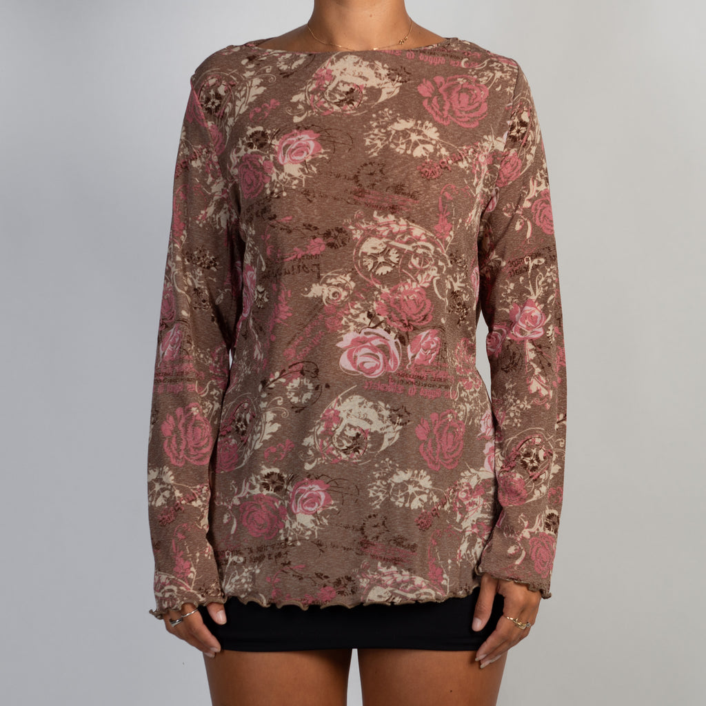 BROWN MESH LONG SLEEVE TOP