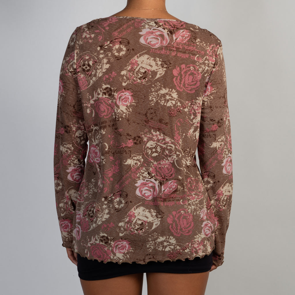 BROWN MESH LONG SLEEVE TOP