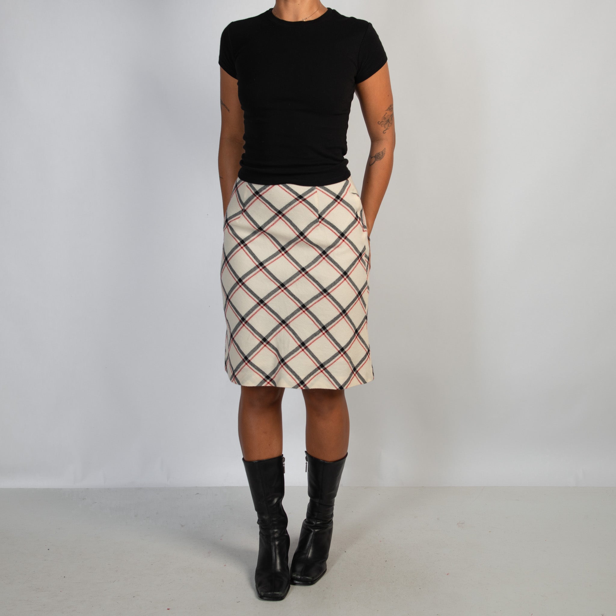 CREAM PLAID MIDI SKIRT