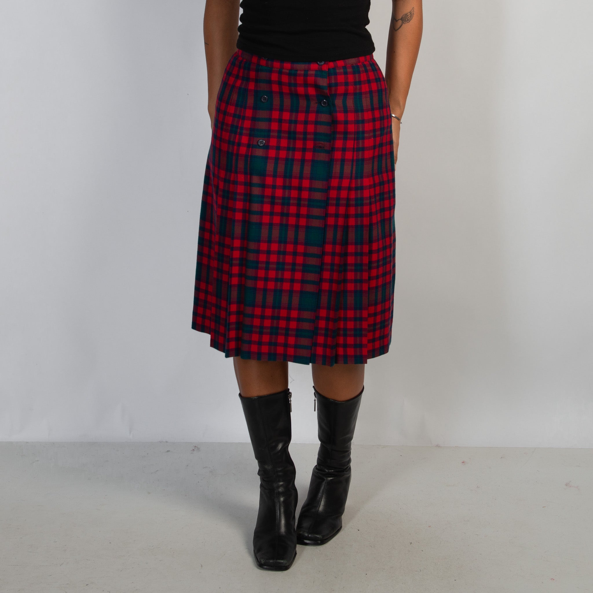 RED PLAID WOOL MIDI SKIRT