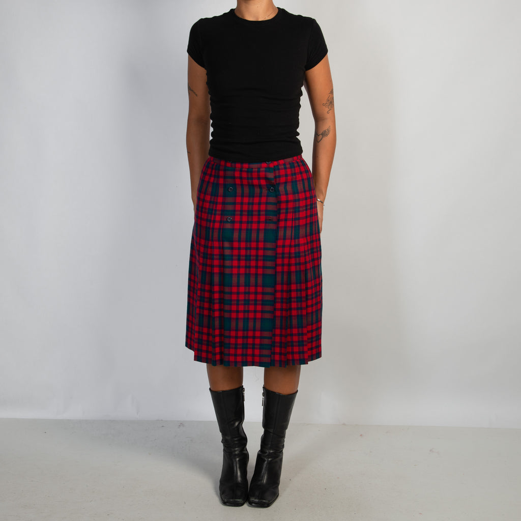 RED PLAID WOOL MIDI SKIRT