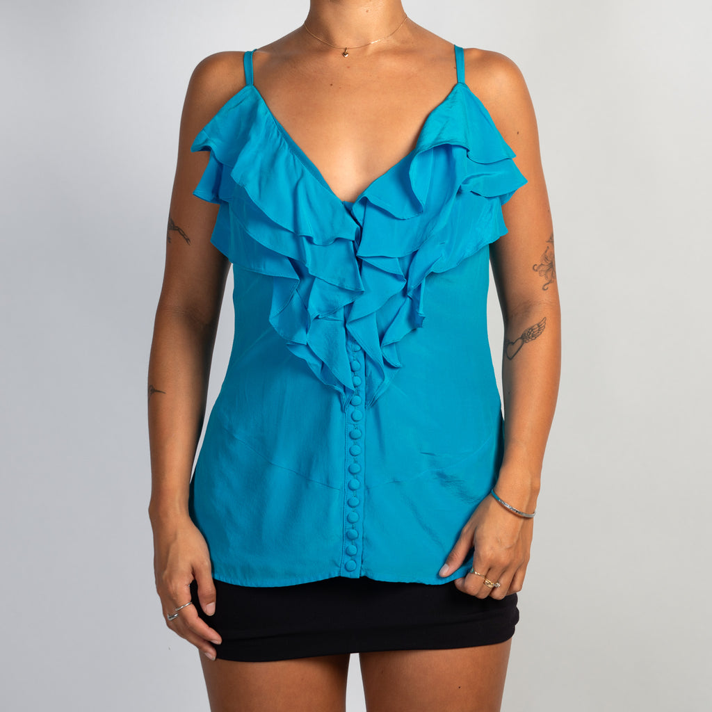 BLUE SILK RUFFLE CAMISOLE