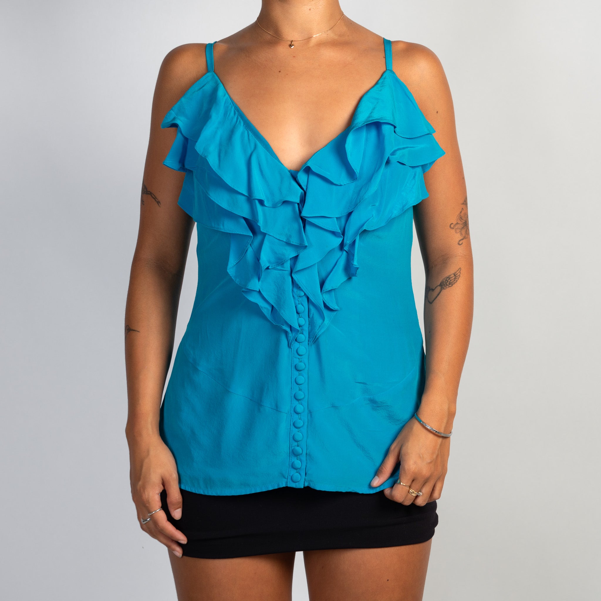 BLUE SILK RUFFLE CAMISOLE