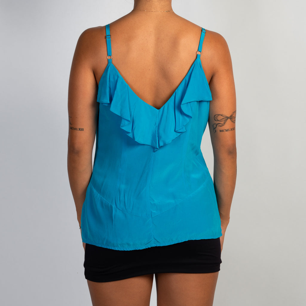 BLUE SILK RUFFLE CAMISOLE