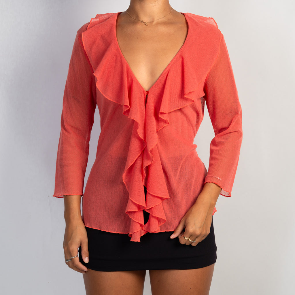 SALMON MESH RUFFLE TOP
